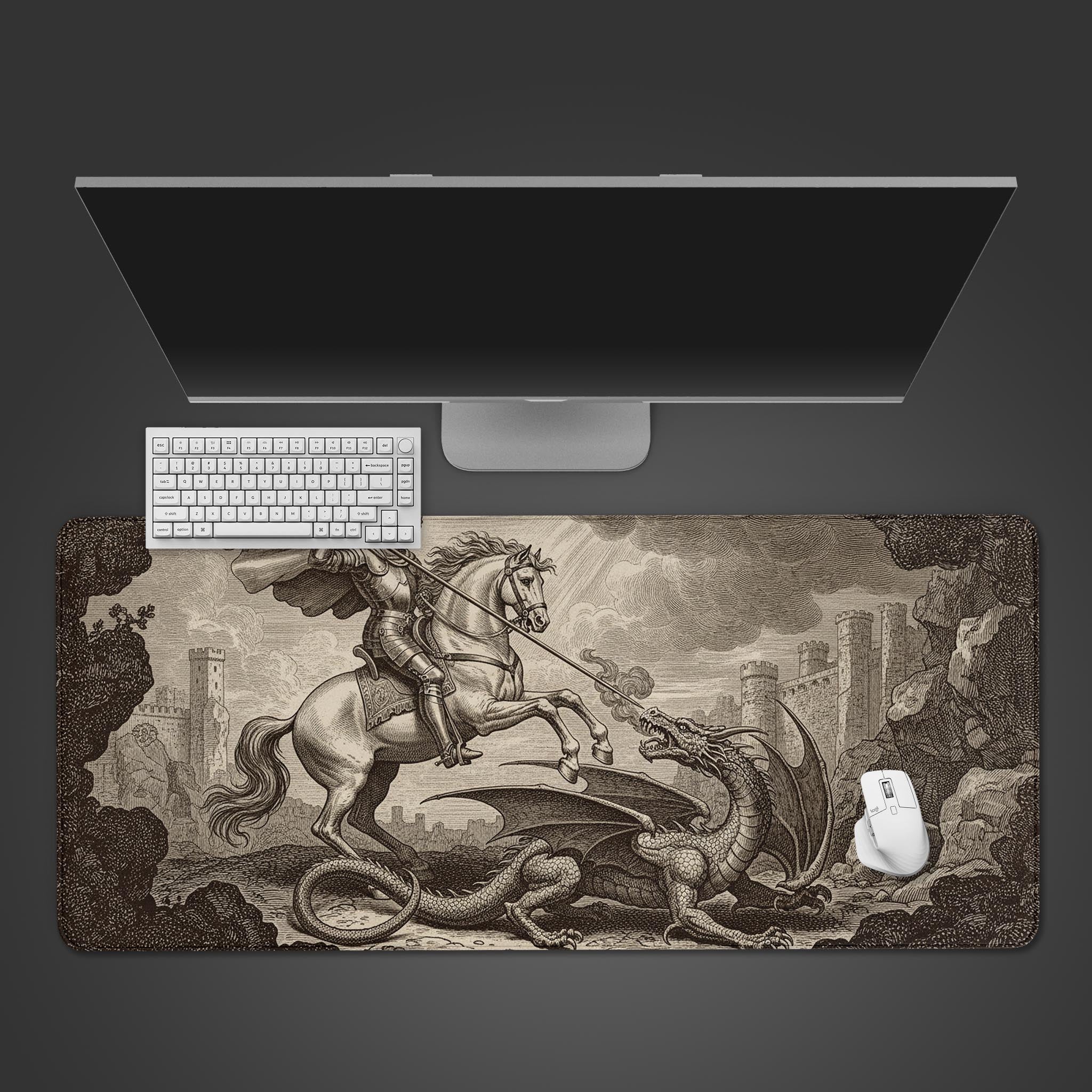 Knight's Valor fantasy desk mat with vintage knight fighting dragon design, shown from a top-down view with a keyboard and mouse. - Epic Design Pads