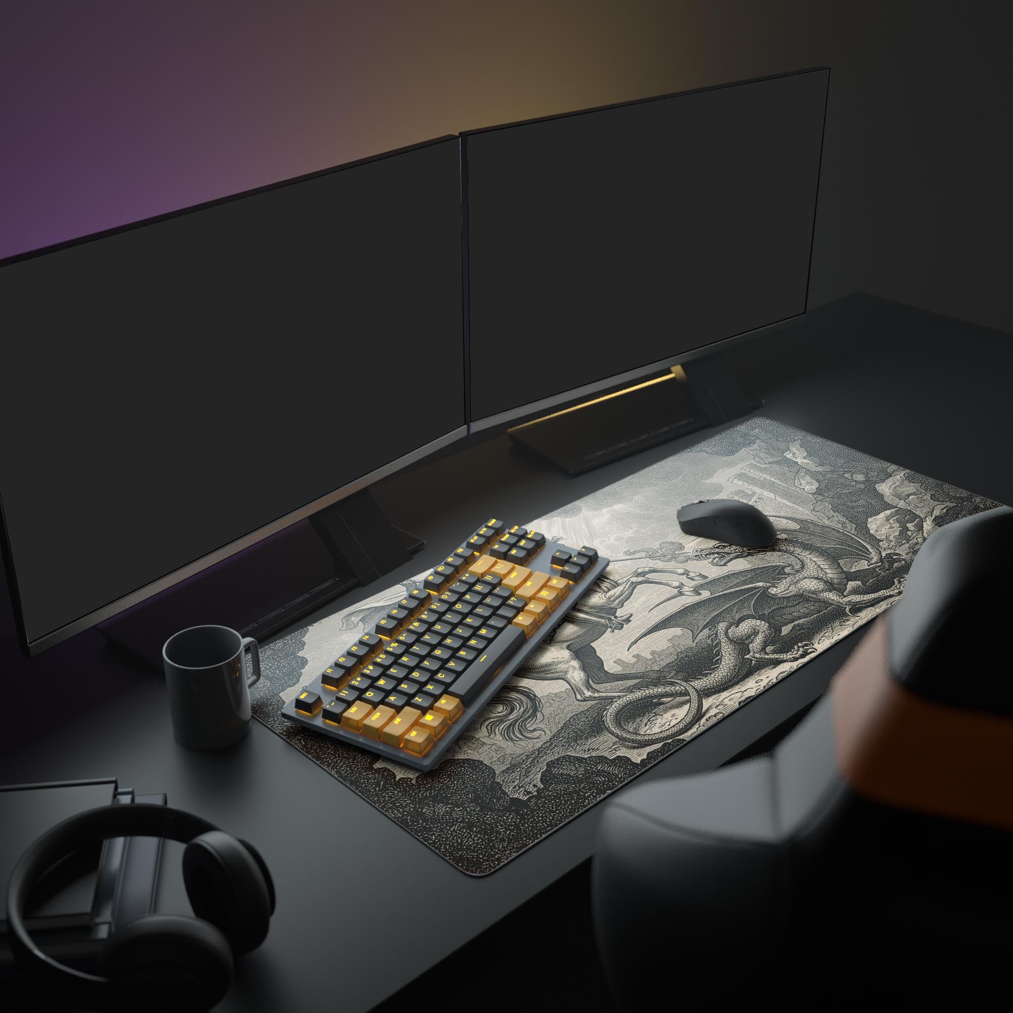 Large Knight's Valor fantasy desk mat creating a mythical theme in a gaming setup with dual monitors, a mechanical keyboard, and headphones. - Epic Design Pads