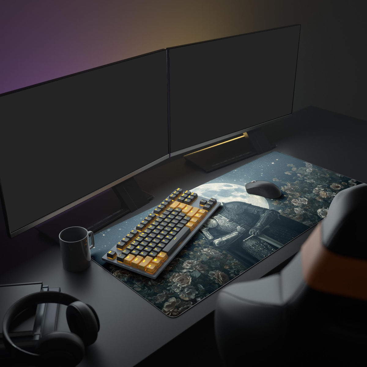 Large knight desk mat with moonlit armor art, part of a medieval fantasy gaming setup with dual monitors and headphones. - Epic Design Pads