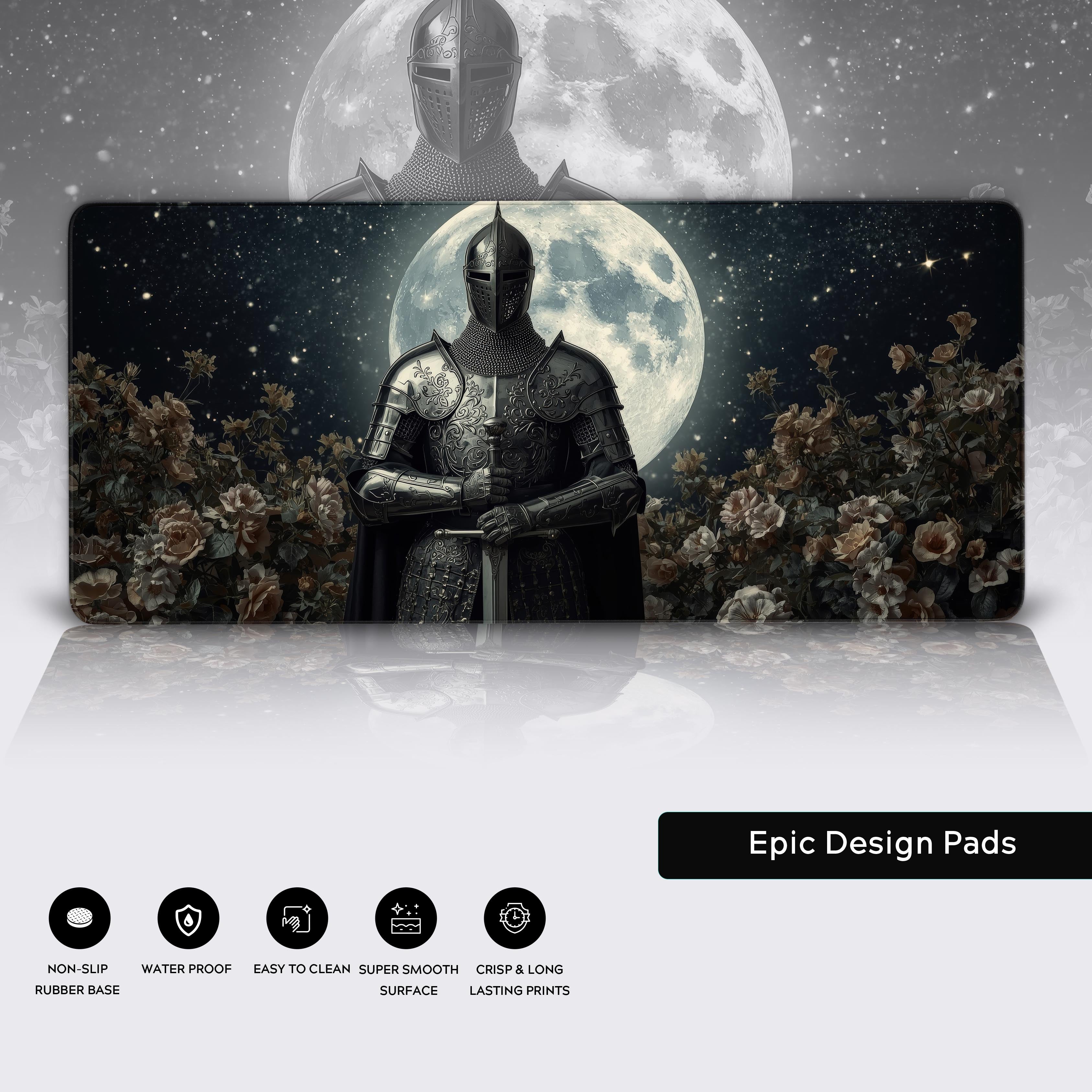 Close-up of the Knight's Vigil gaming mouse pad showing the detailed art, waterproof surface, and durable stitched edges. - Epic Design Pads