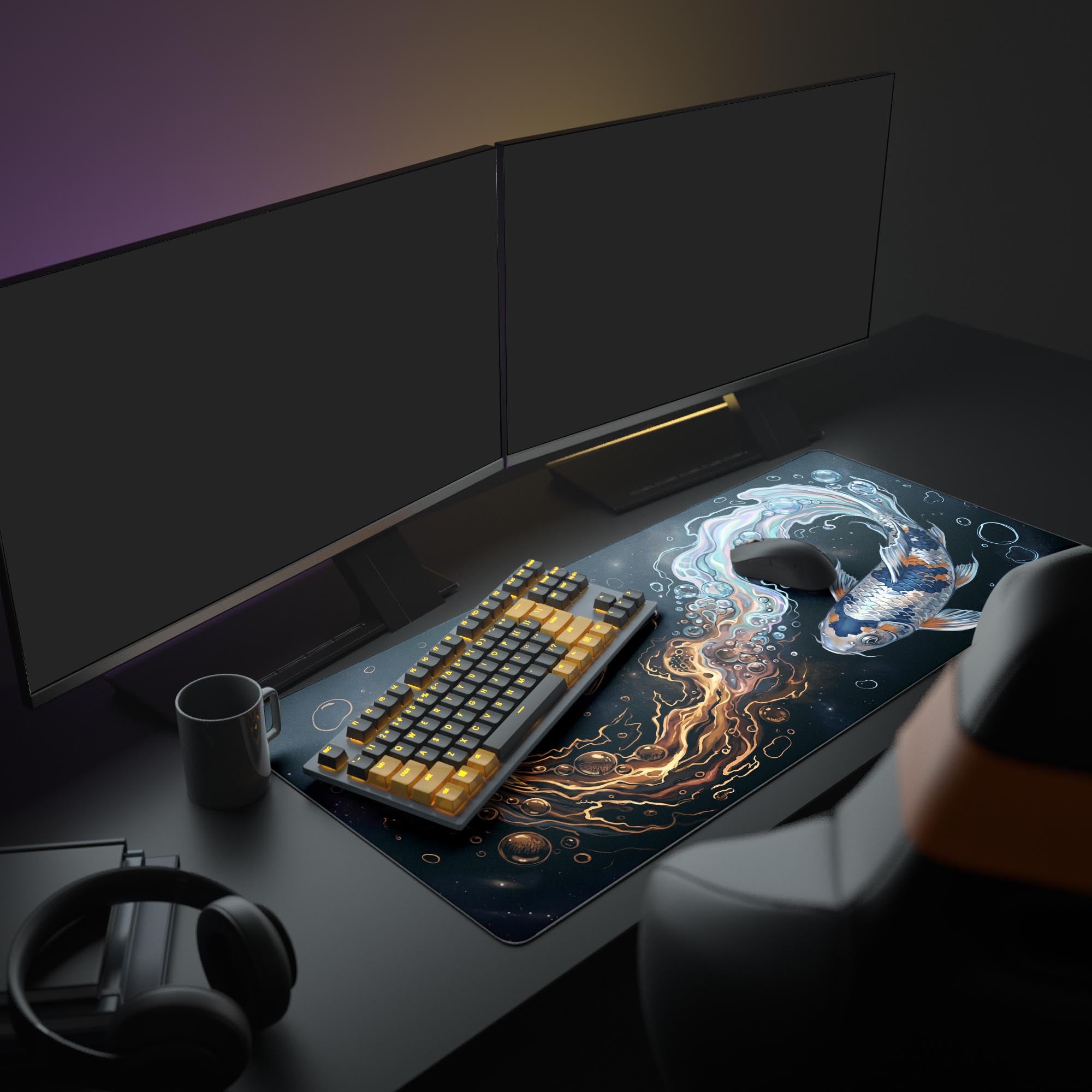 Close up of epic glowing elemental energy around detailed koi fish on a gaming mouse pad