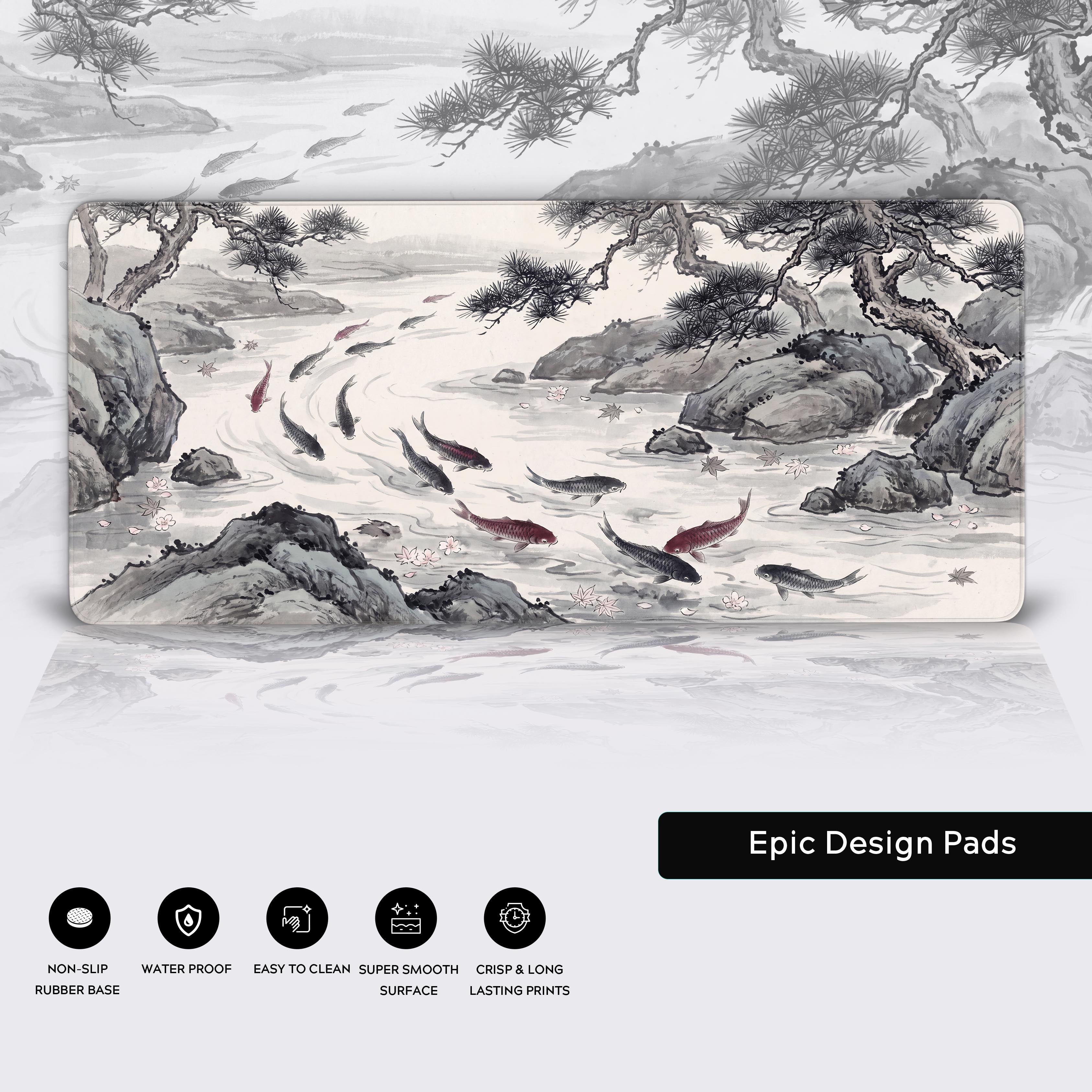 Non-slip rubber base of the ink wash koi extended gaming pad anchoring the serene setup