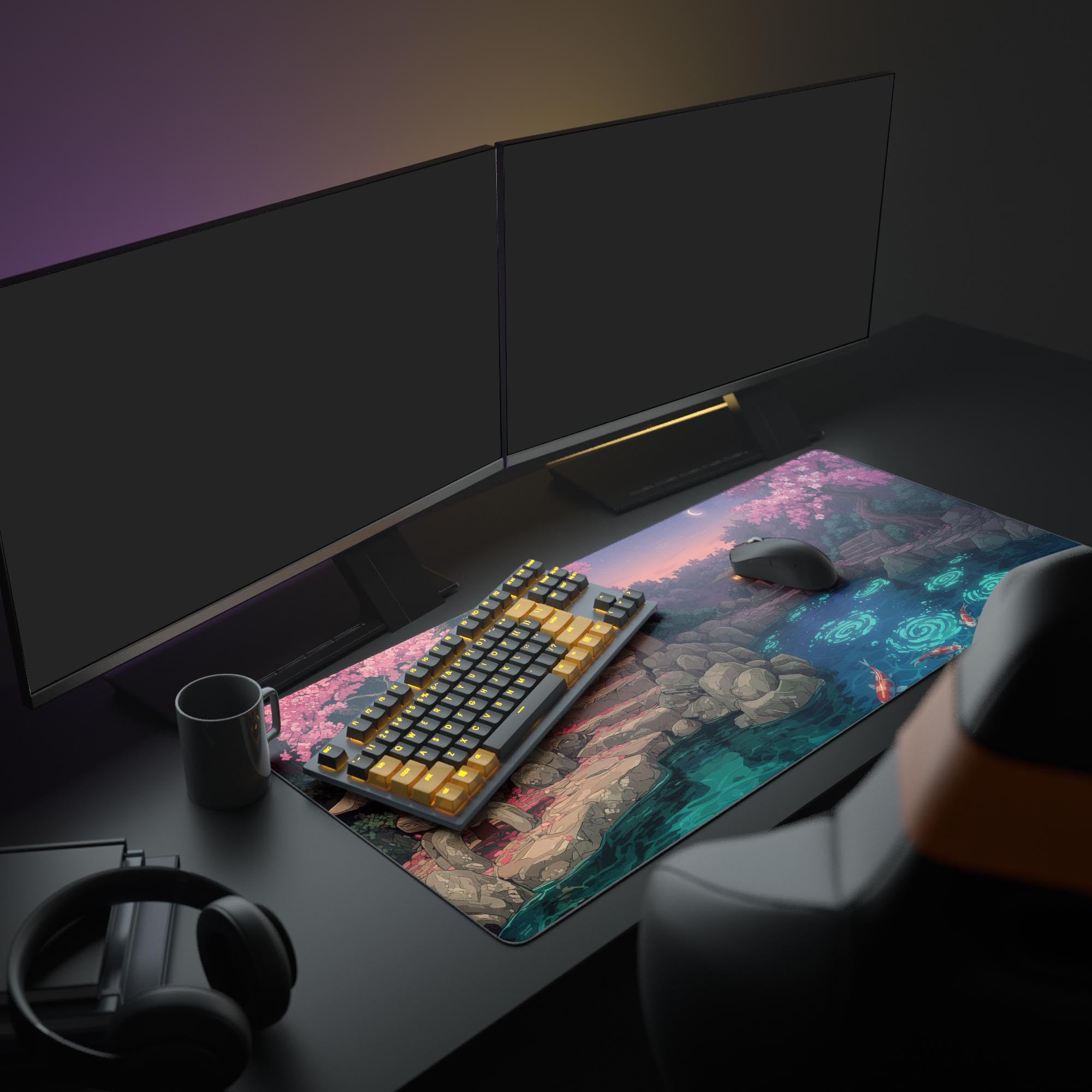 Koi Garden gaming desk mat featuring cherry blossoms, koi pond, and stone lanterns in a Japanese twilight setting - Epic Design Pads & Mousepads