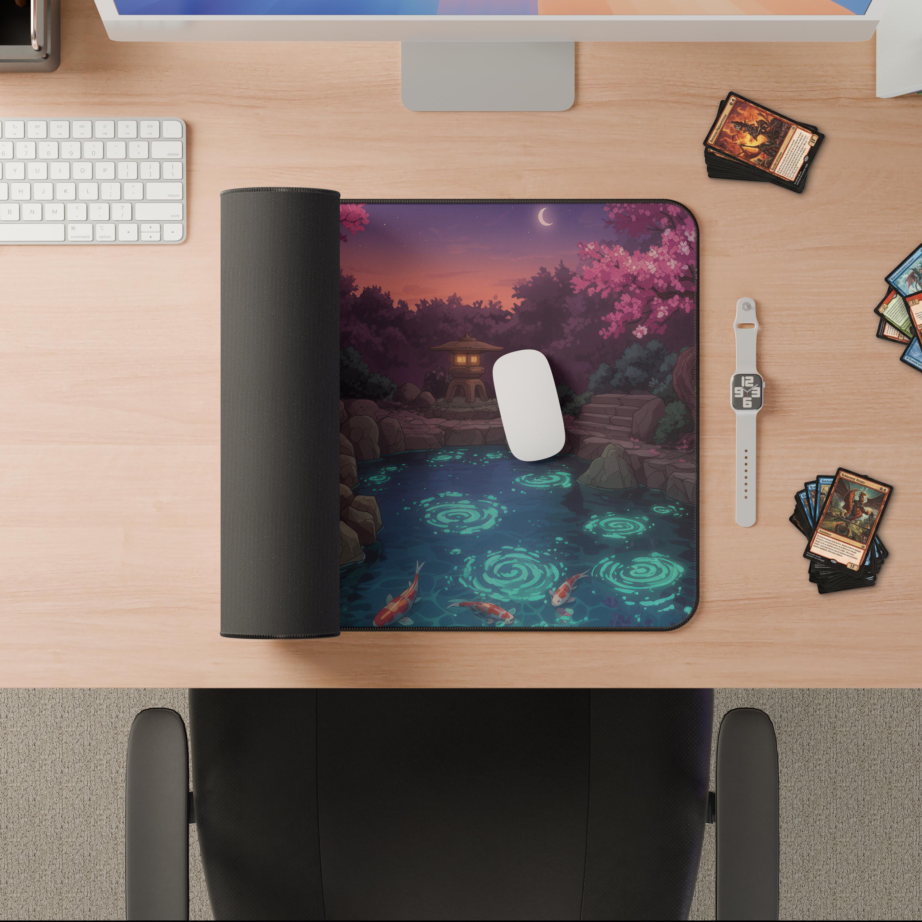 Japanese koi garden playmat featuring glowing pond, cherry blossoms, and crescent moon at twilight - Epic Design Pads & Mousepads