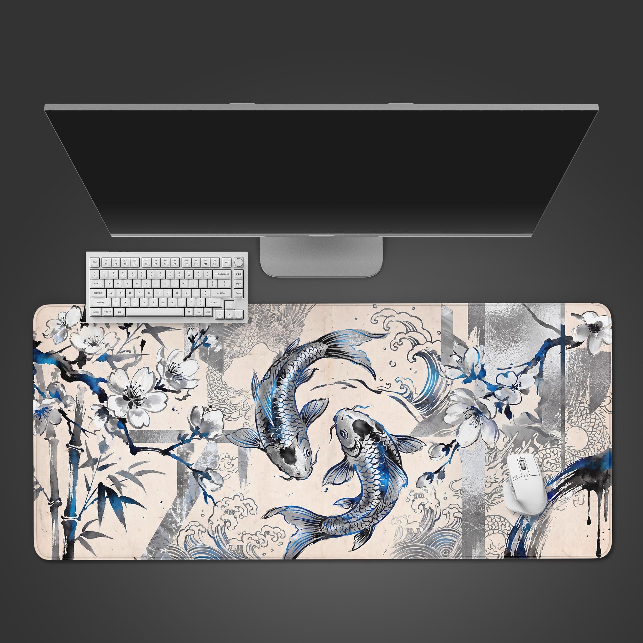 Azure Koi traditional ink wash XL gaming desk mat featuring twin fish and cherry blossoms
