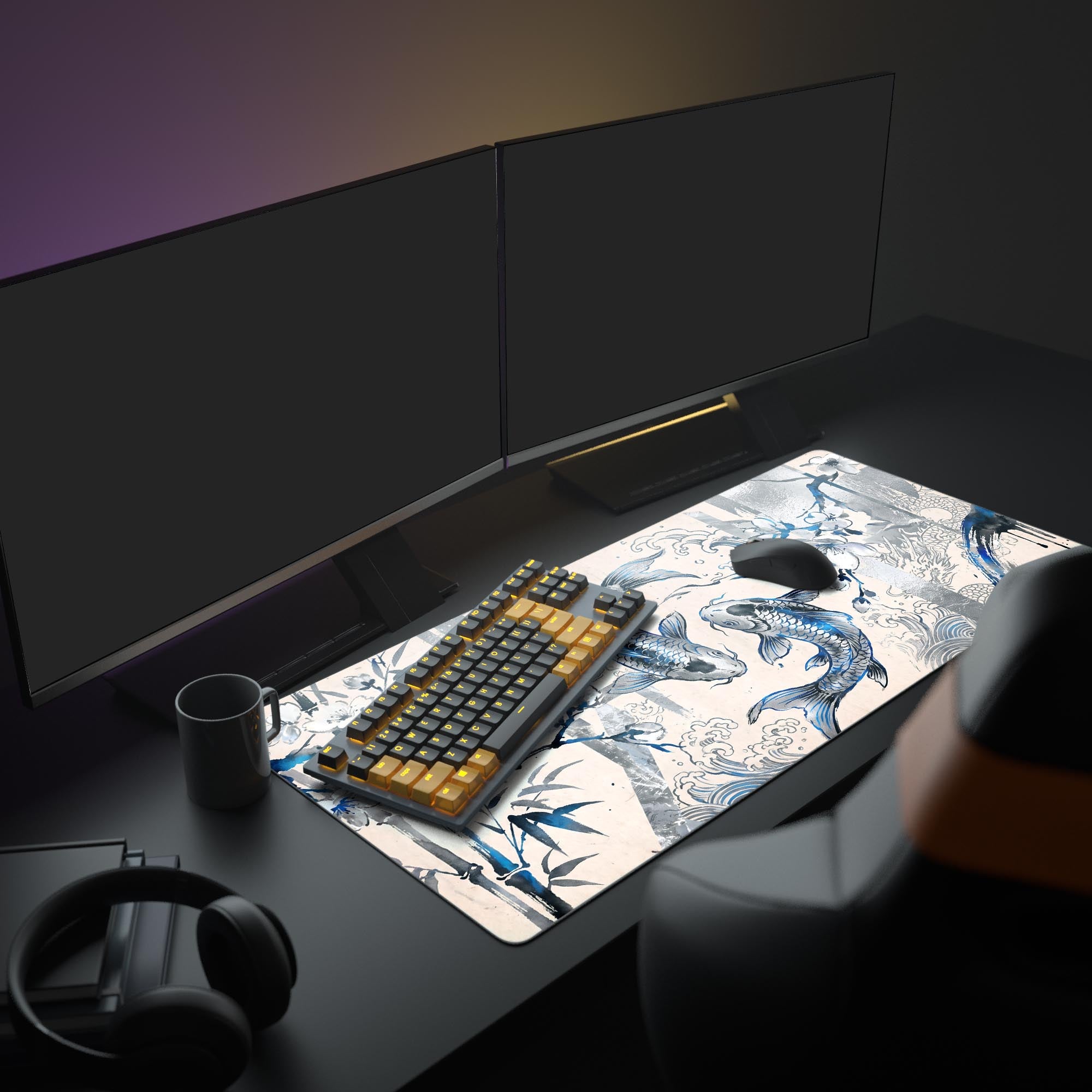 Close-up of the smooth waterproof surface showing detailed blue koi fish and sakura art