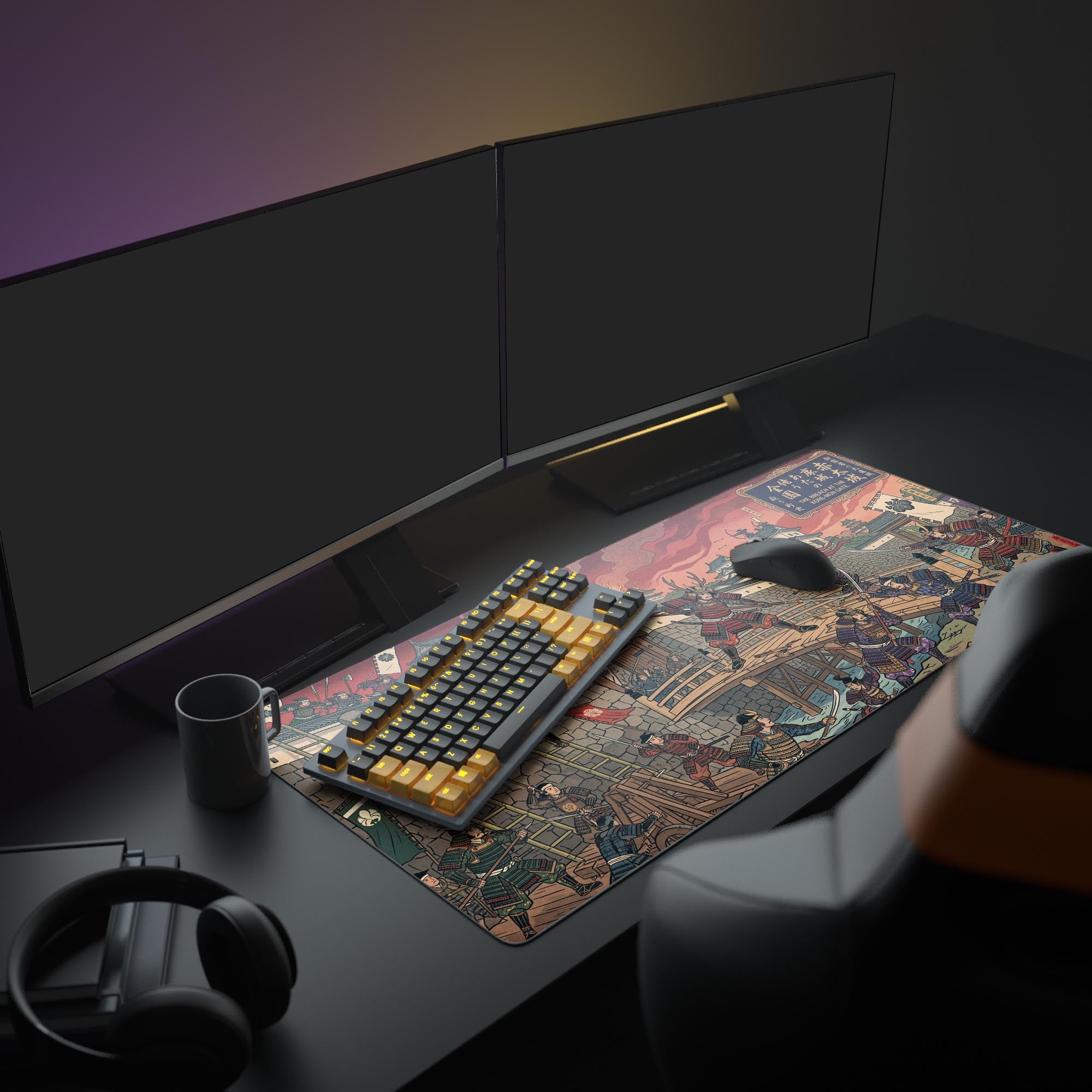 A full PC gaming setup featuring the Kore-mon Breach mouse pad. The Ukiyo-e battle scene complements the monitor, creating an epic Japanese-themed workspace. - Epic Design Pads & Mousepads