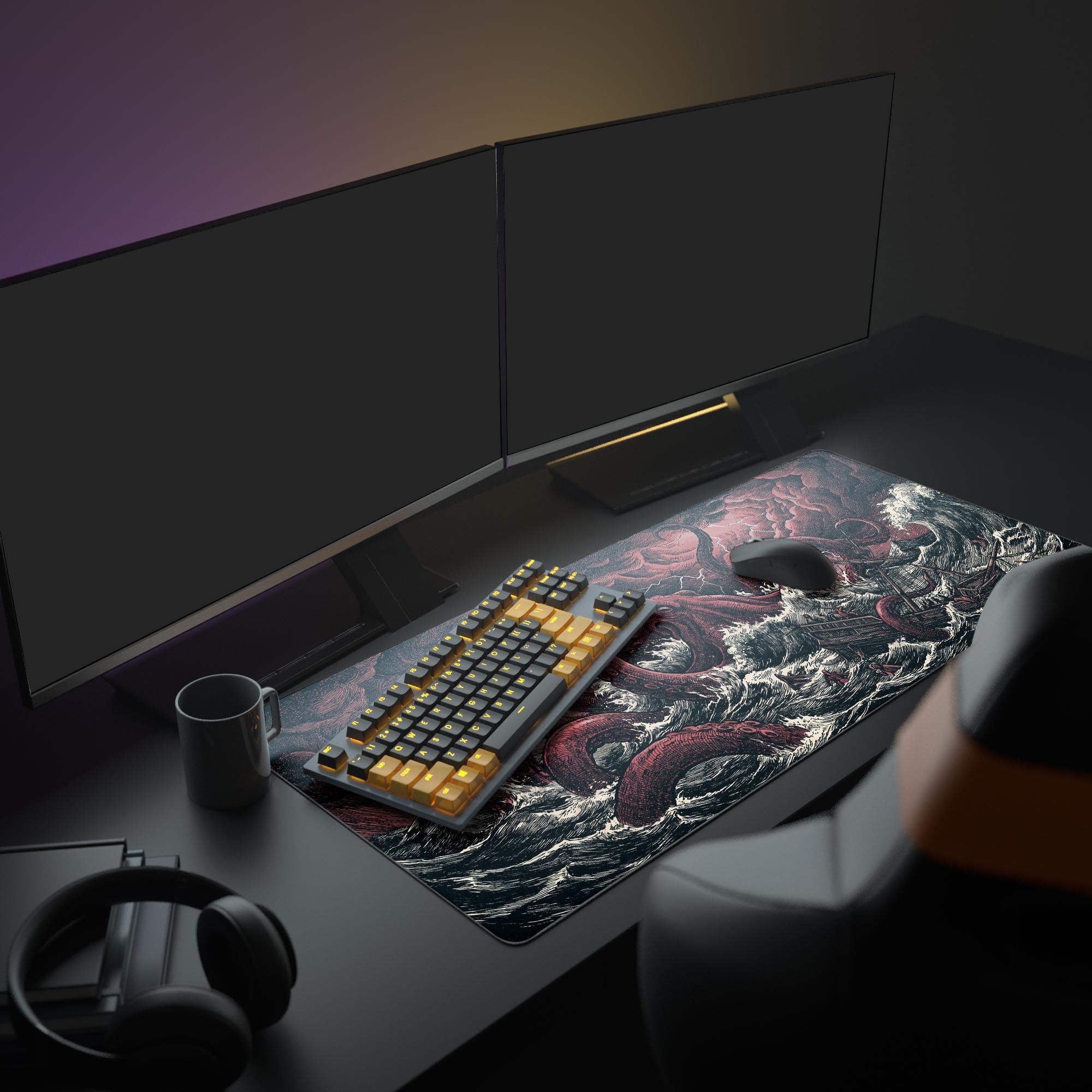 Close-up of the vintage engraving style kraken and shipwreck art on a large mouse pad