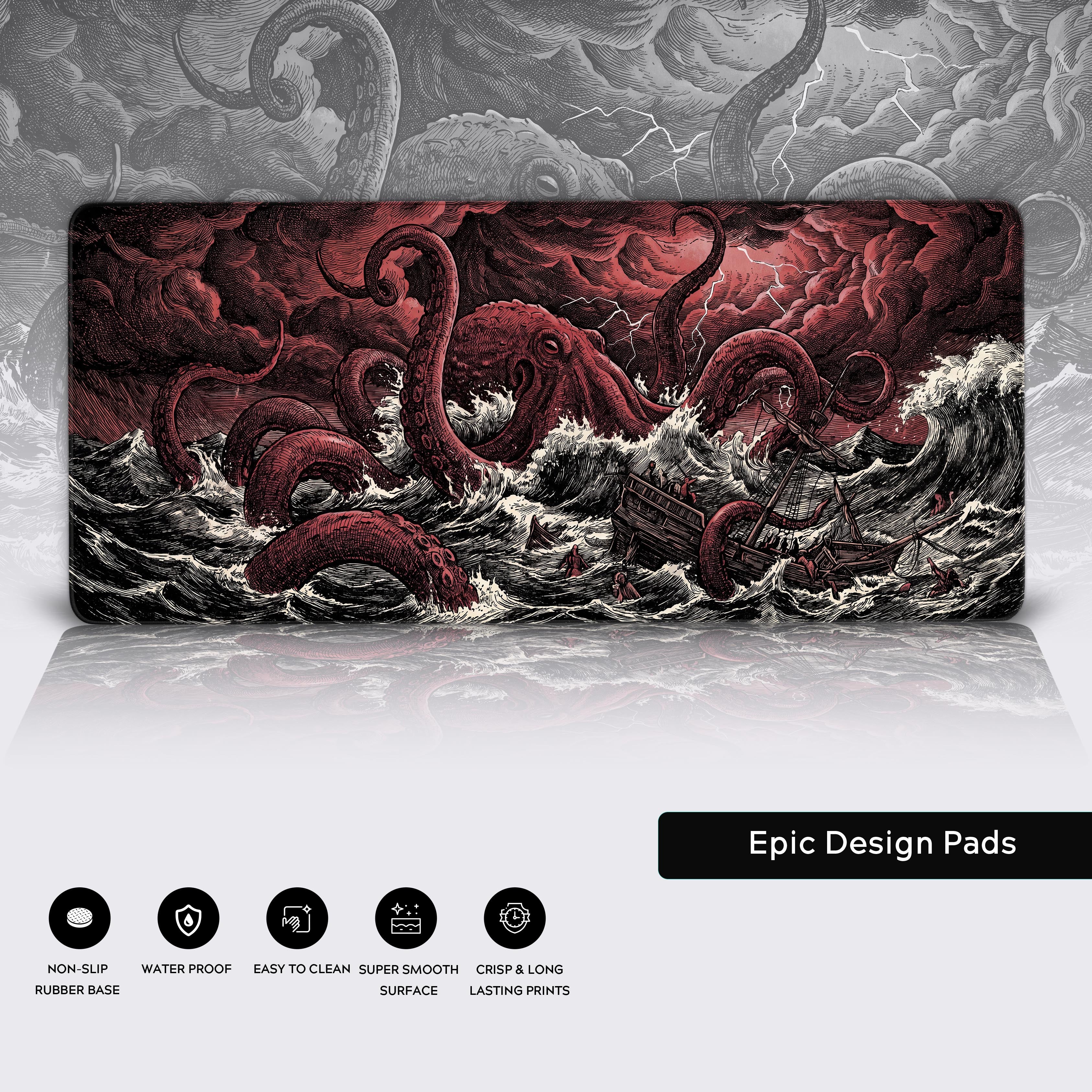 Features of the Kraken desk pad showing non-slip rubber base, waterproof surface, and crisp prints