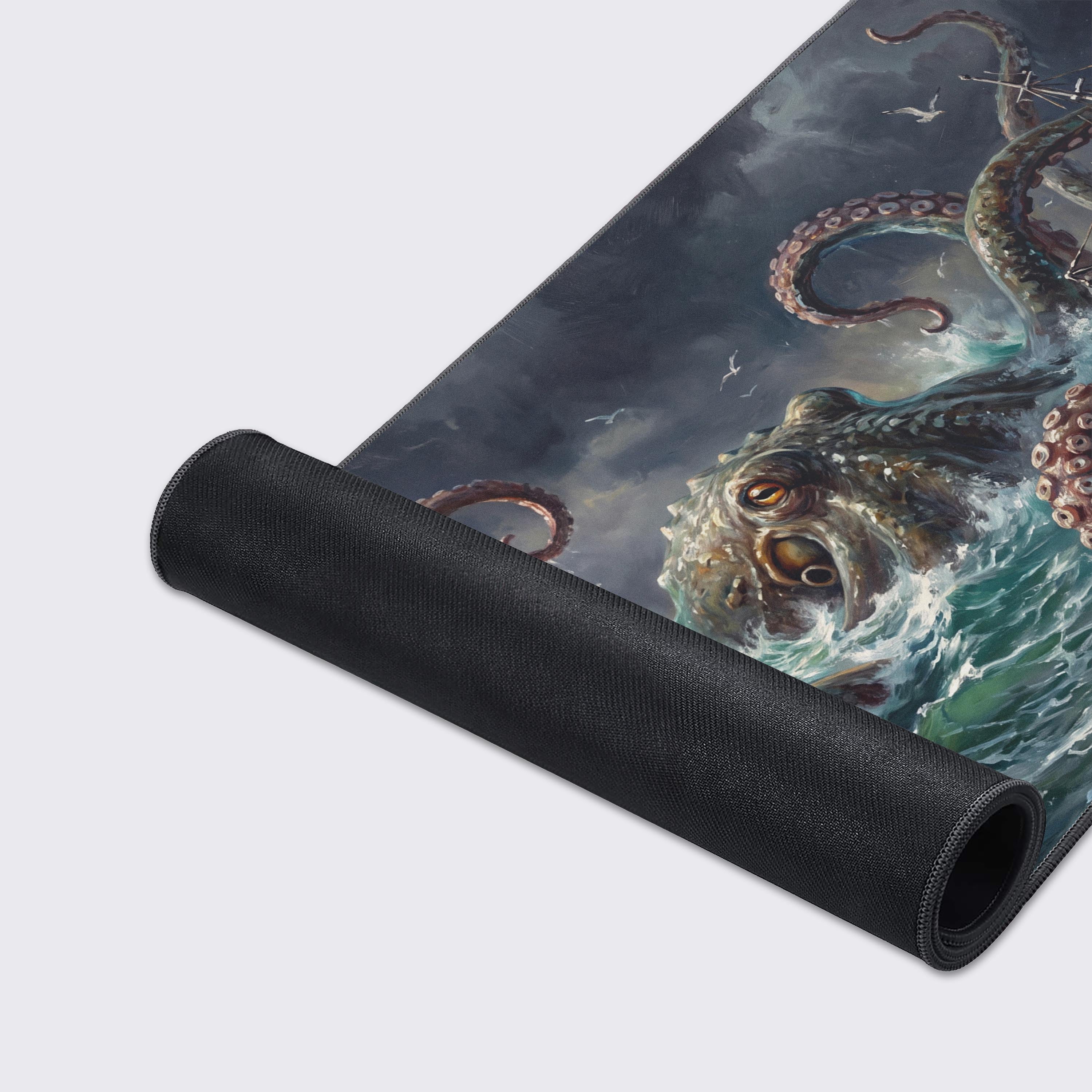 A wooden fishing vessel being capsized by massive octopus tentacles during a tempest.