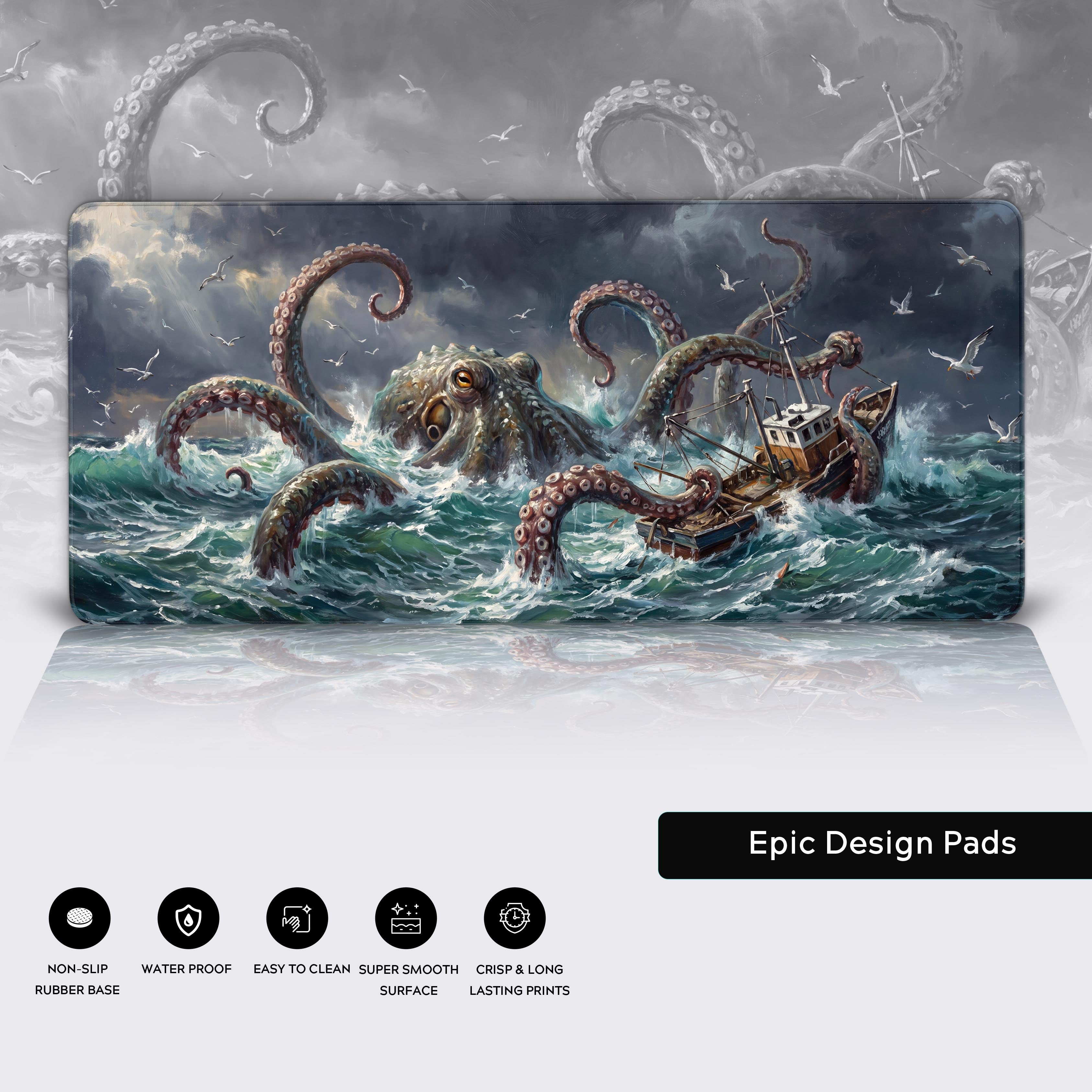 Dark dramatic skies with flying seagulls above the raging nautical seascape.