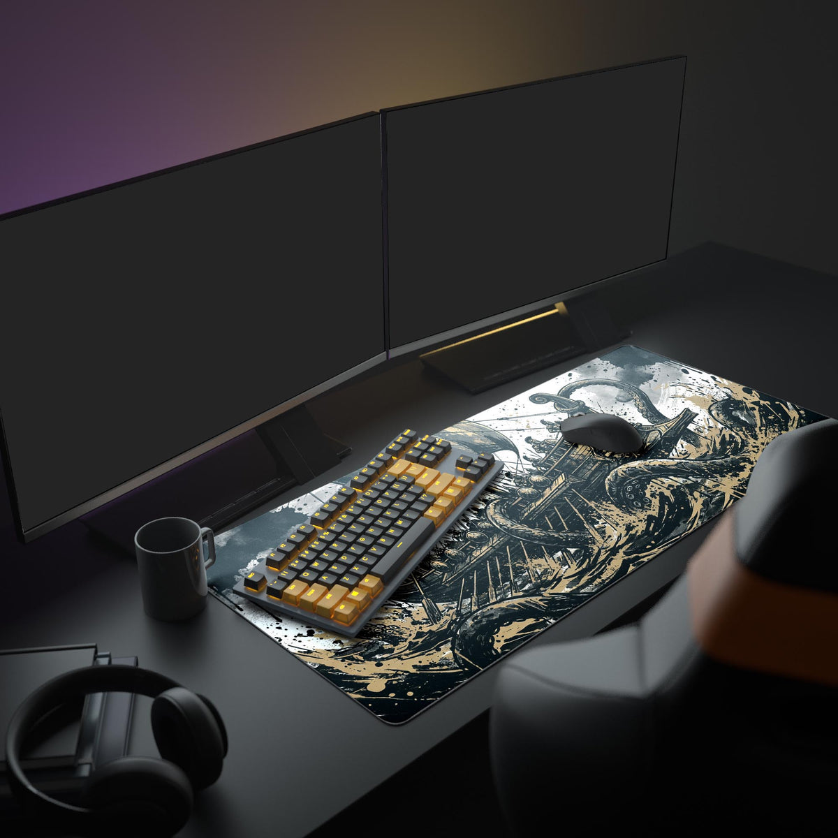 A full gaming setup featuring the Kraken's Grasp desk mat. The epic Viking ship and monster artwork complements the illuminated keyboard, mouse, and monitors. - Epic Design Pads & Mousepads
