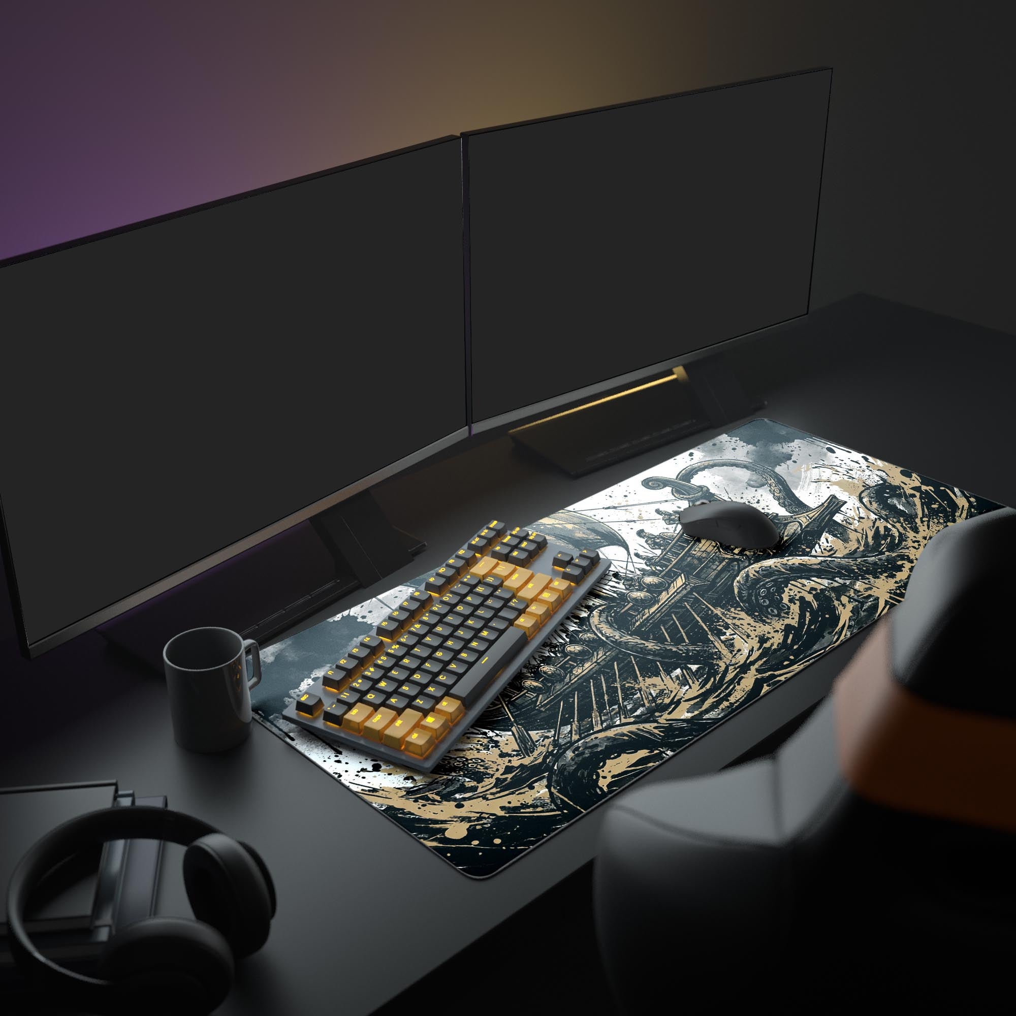 A full gaming setup featuring the Kraken's Grasp desk mat. The epic Viking ship and monster artwork complements the illuminated keyboard, mouse, and monitors. - Epic Design Pads & Mousepads