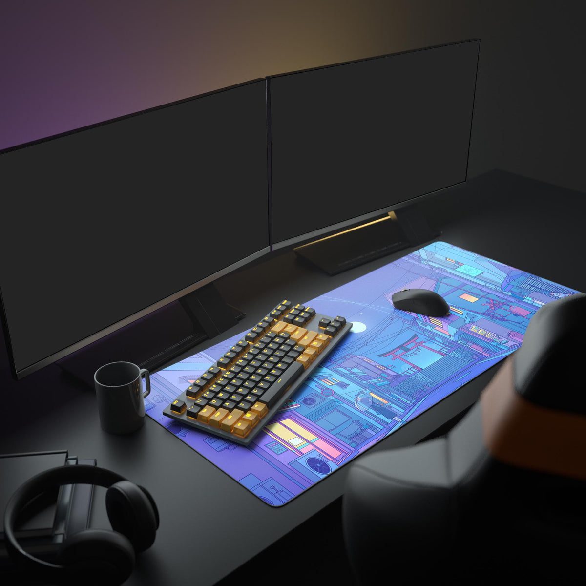 Large Kyoto Dreams anime desk mat in a cozy gaming setup with dual monitors, keyboard, and headphones. - Epic Design Pads
