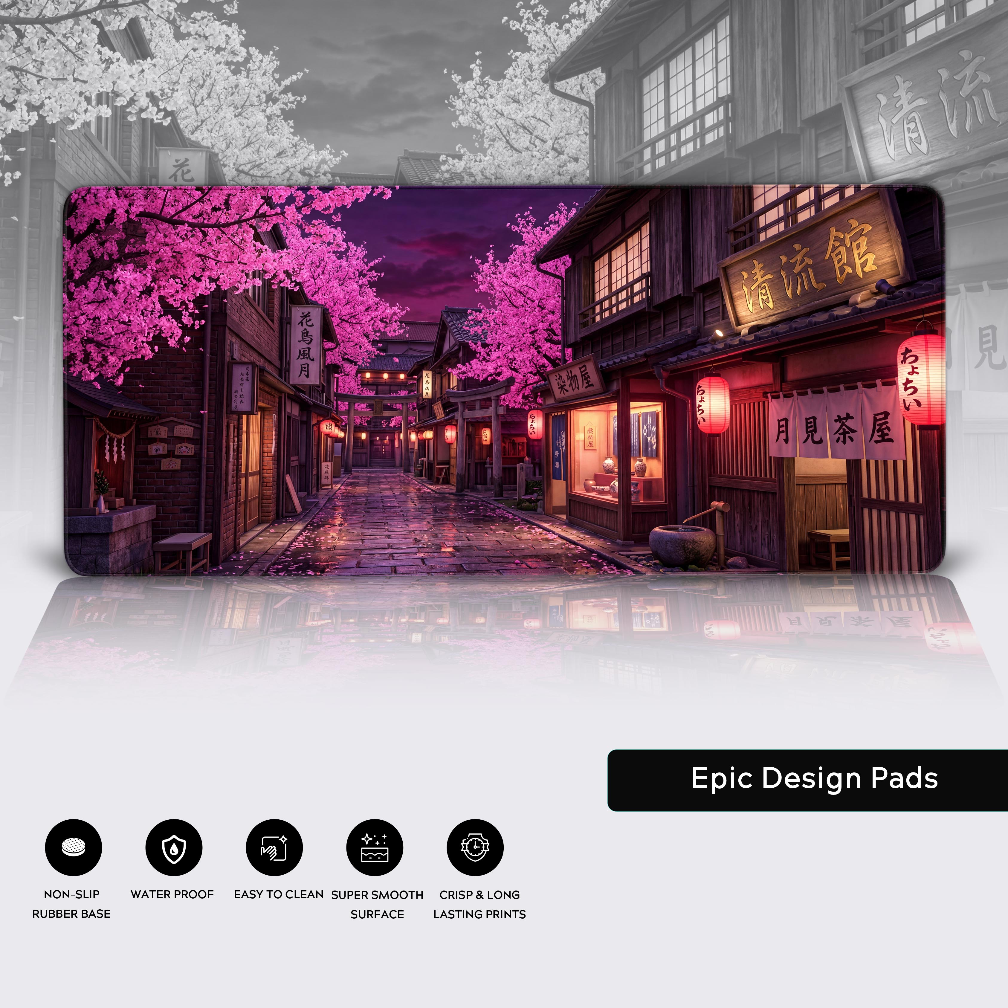 Waterproof and non-slip desk pad showcasing a colorful Japanese nighttime cityscape