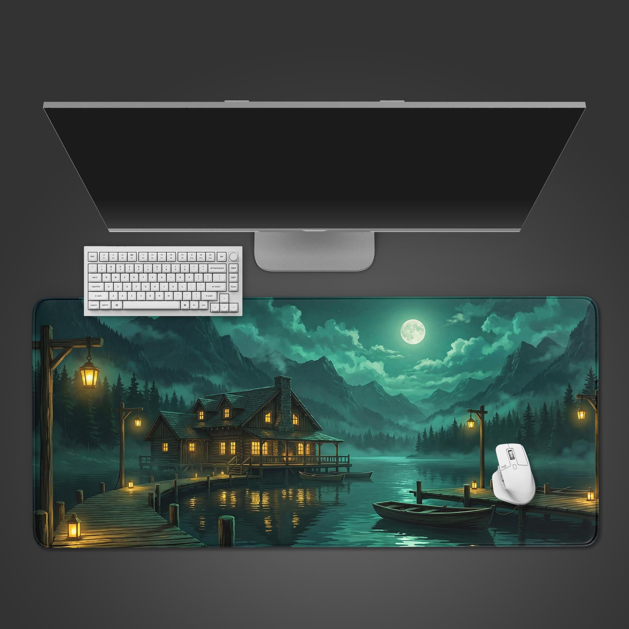 Lakeside Haven Desk Mat with moonlit cabin design – top-down desktop view with mechanical keyboard and mouse. - Epic Design Pads & Mousepads