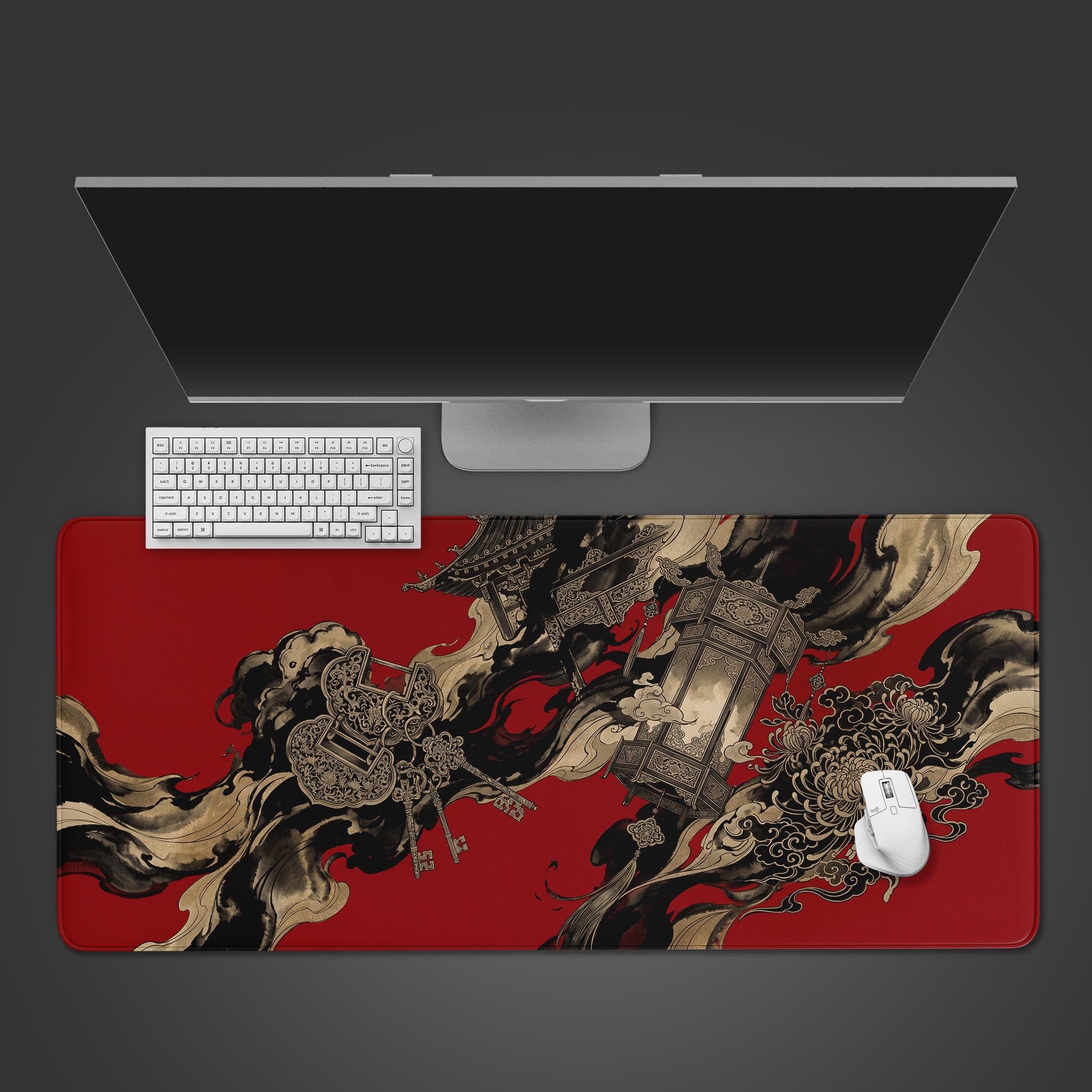 Crimson desk mat featuring traditional Chinese ink wash art with golden lanterns and longevity locks