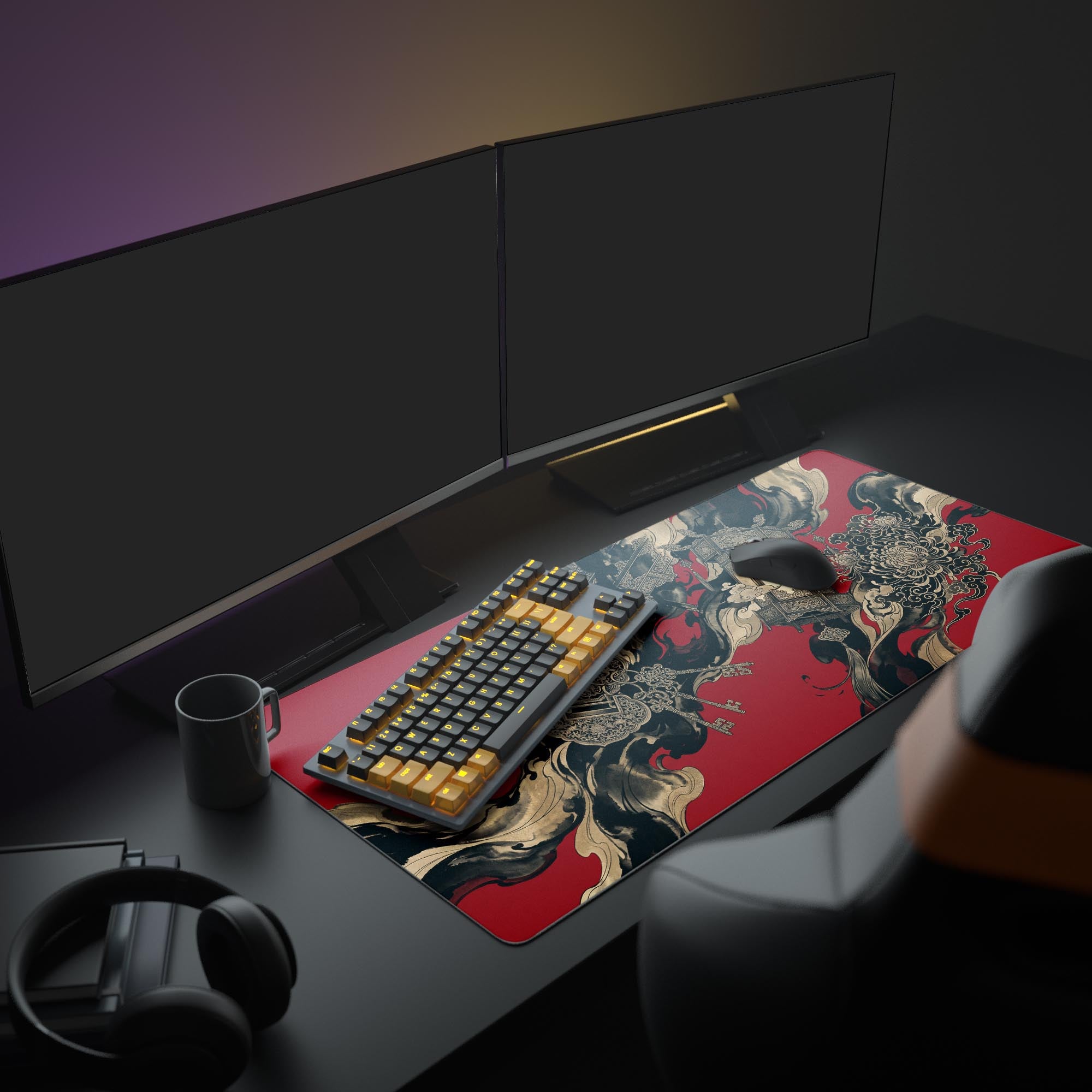 Close-up of the ornate lantern and chrysanthemum design on the red and gold gaming mouse pad