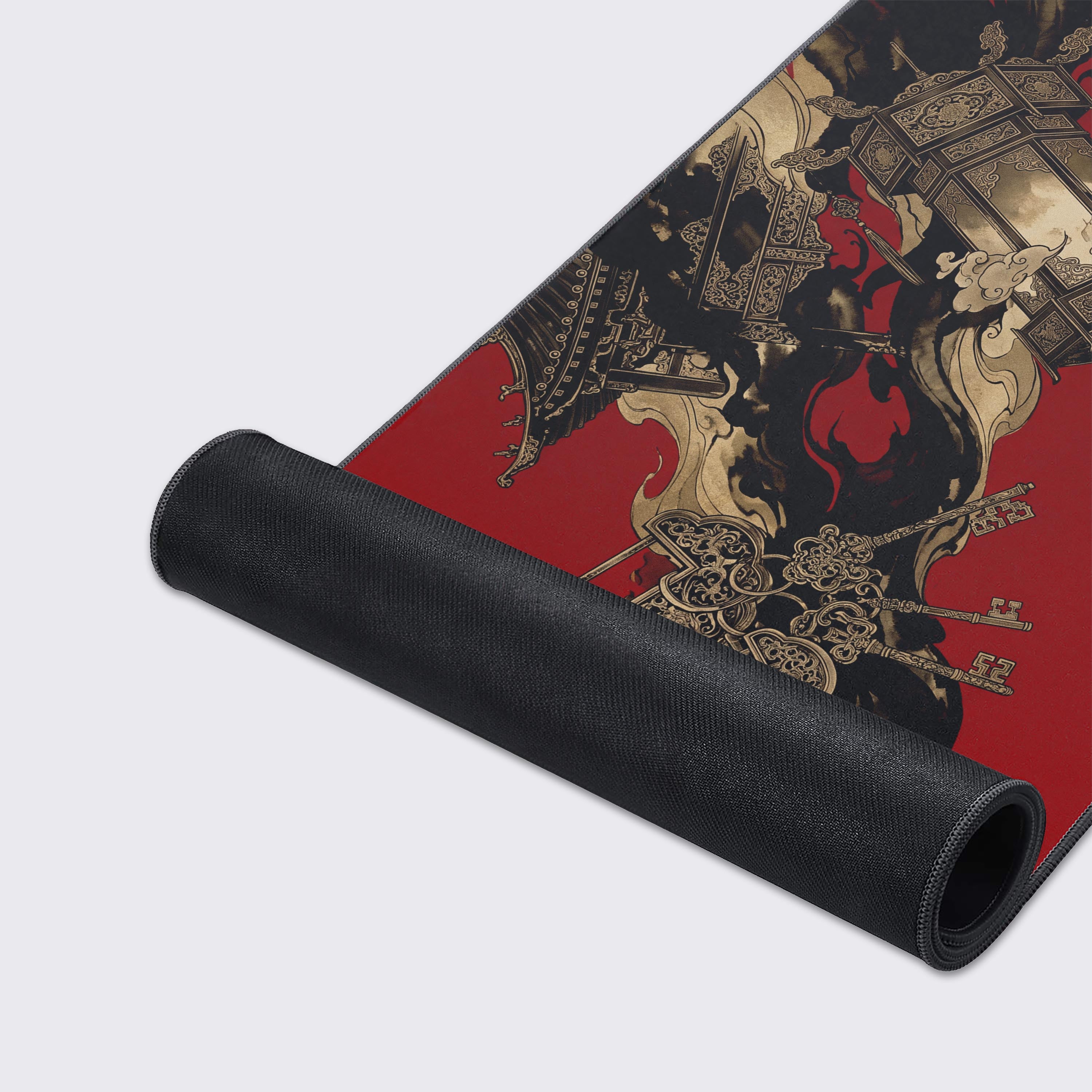 Feature icons highlighting the non-slip rubber base, waterproof surface, easy cleaning, and crisp print of the desk pad