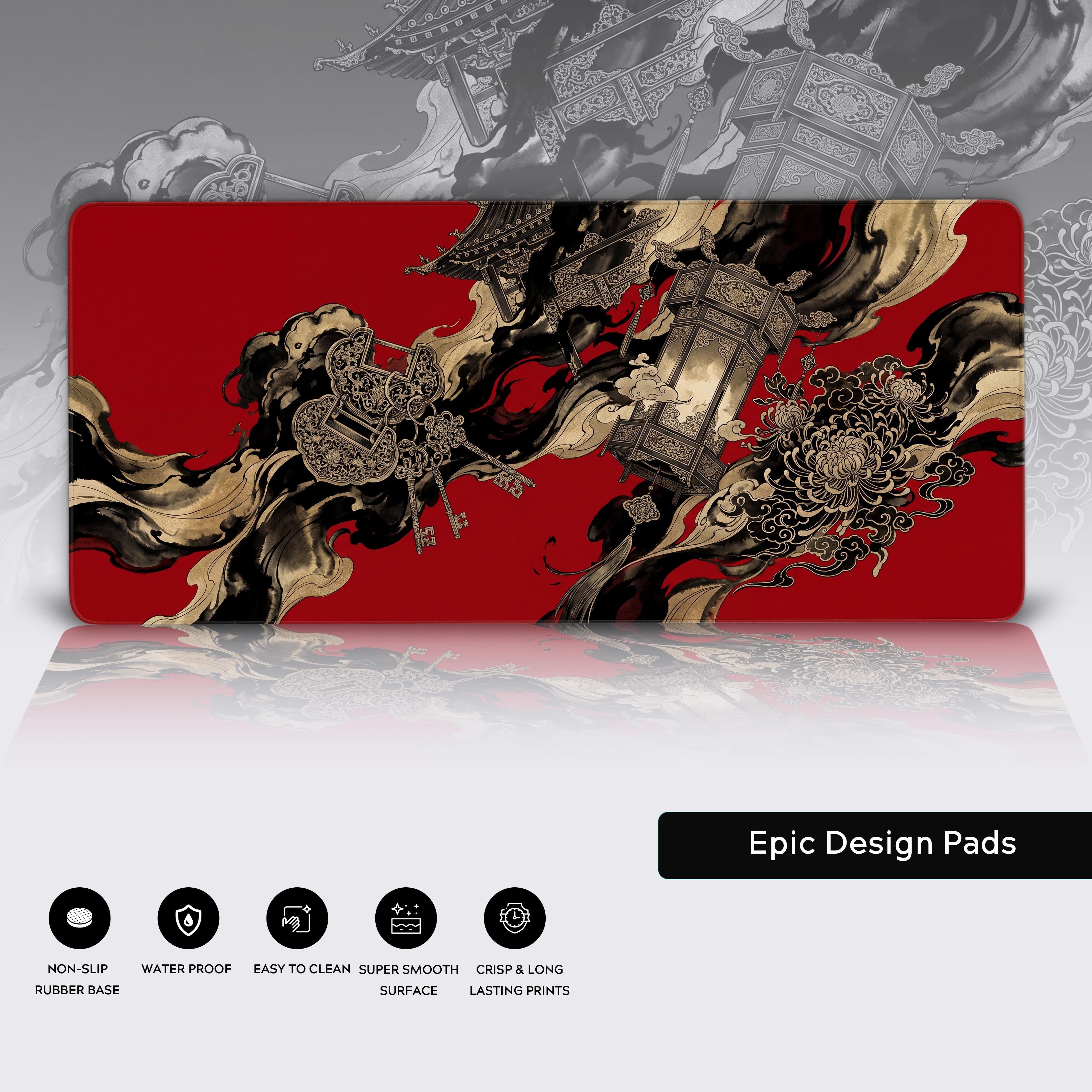 Full view of the Crimson Dynasty desk mat showcasing its vibrant red background and flowing black ink details
