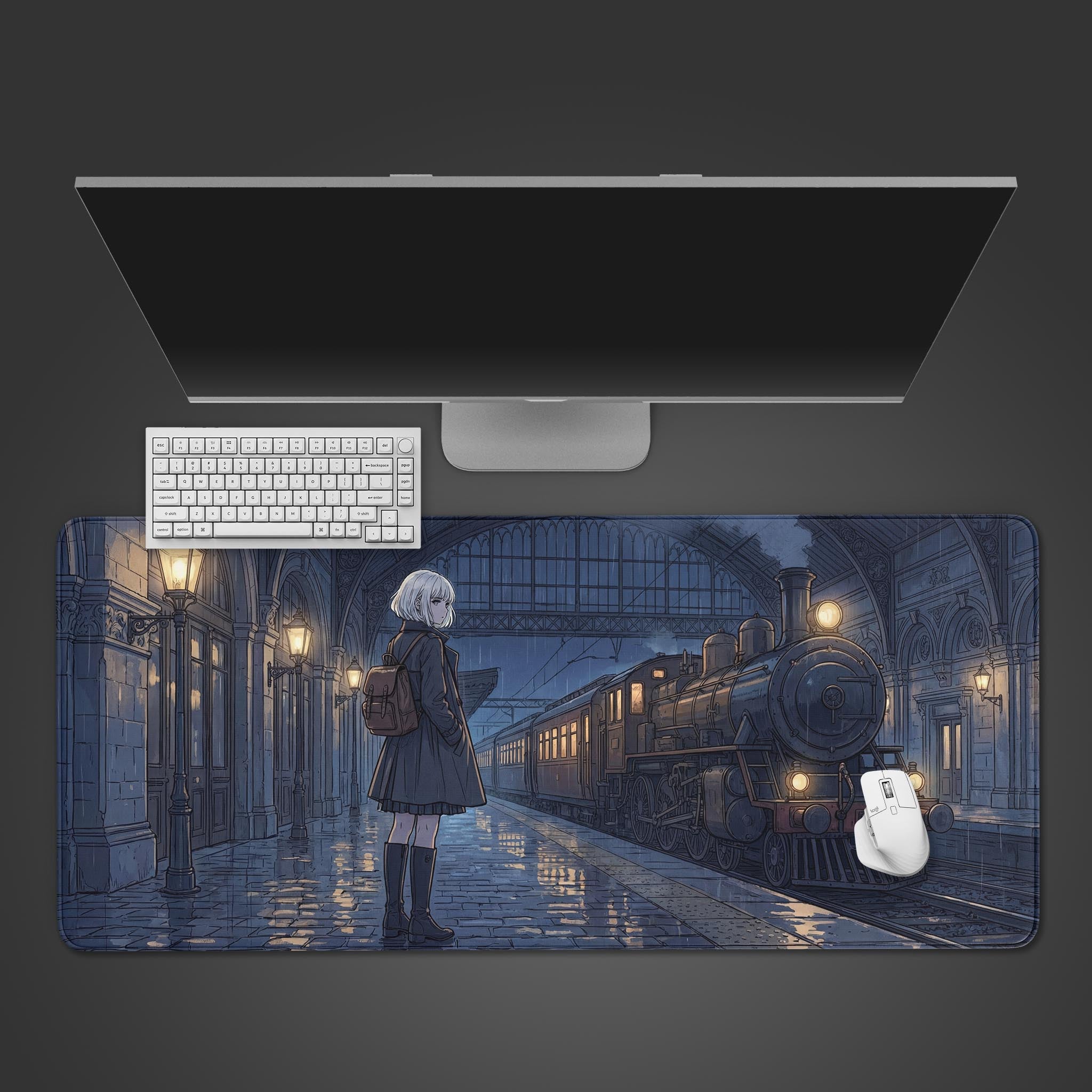 Last Train desk mat with a rainy Victorian train station design, shown in a top-down desktop view with a keyboard and mouse. - Epic Design Pads & Mousepads