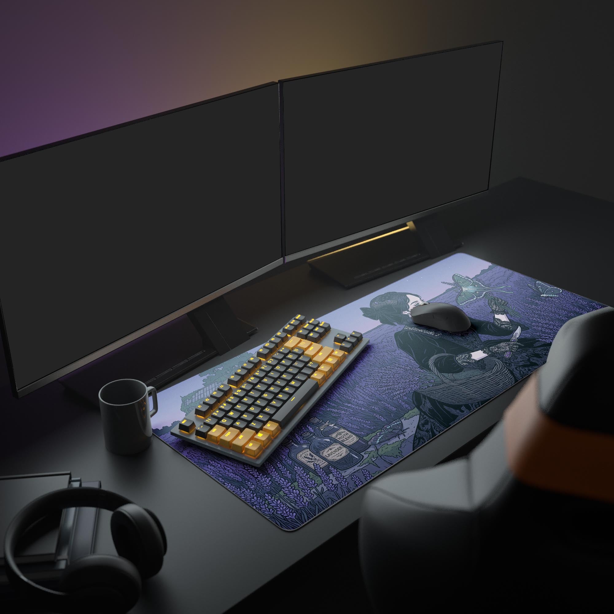 The Lavender Apothecary desk mat creating a dark academia aesthetic in a full PC setup with a glowing monitor and peripherals. - Epic Design Pads & Mousepads
