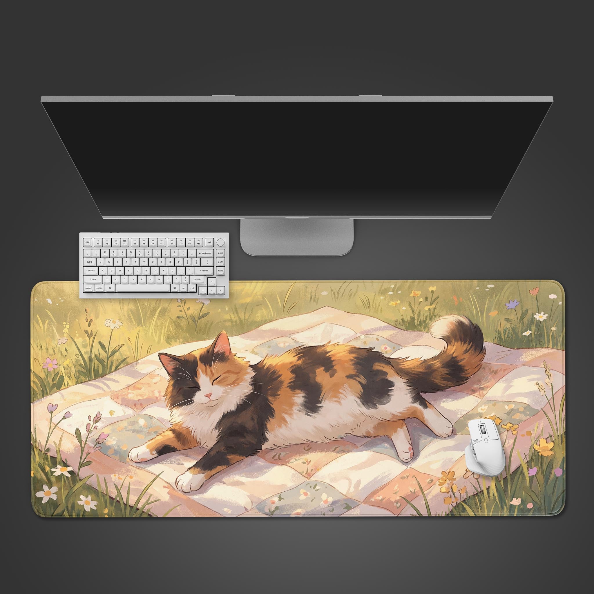 Top-down view of the Lazy Afternoon Cat Gaming Desk Mat on a dark surface, with a white keyboard and mouse neatly arranged on it. - Epic Design Pads & Mousepads