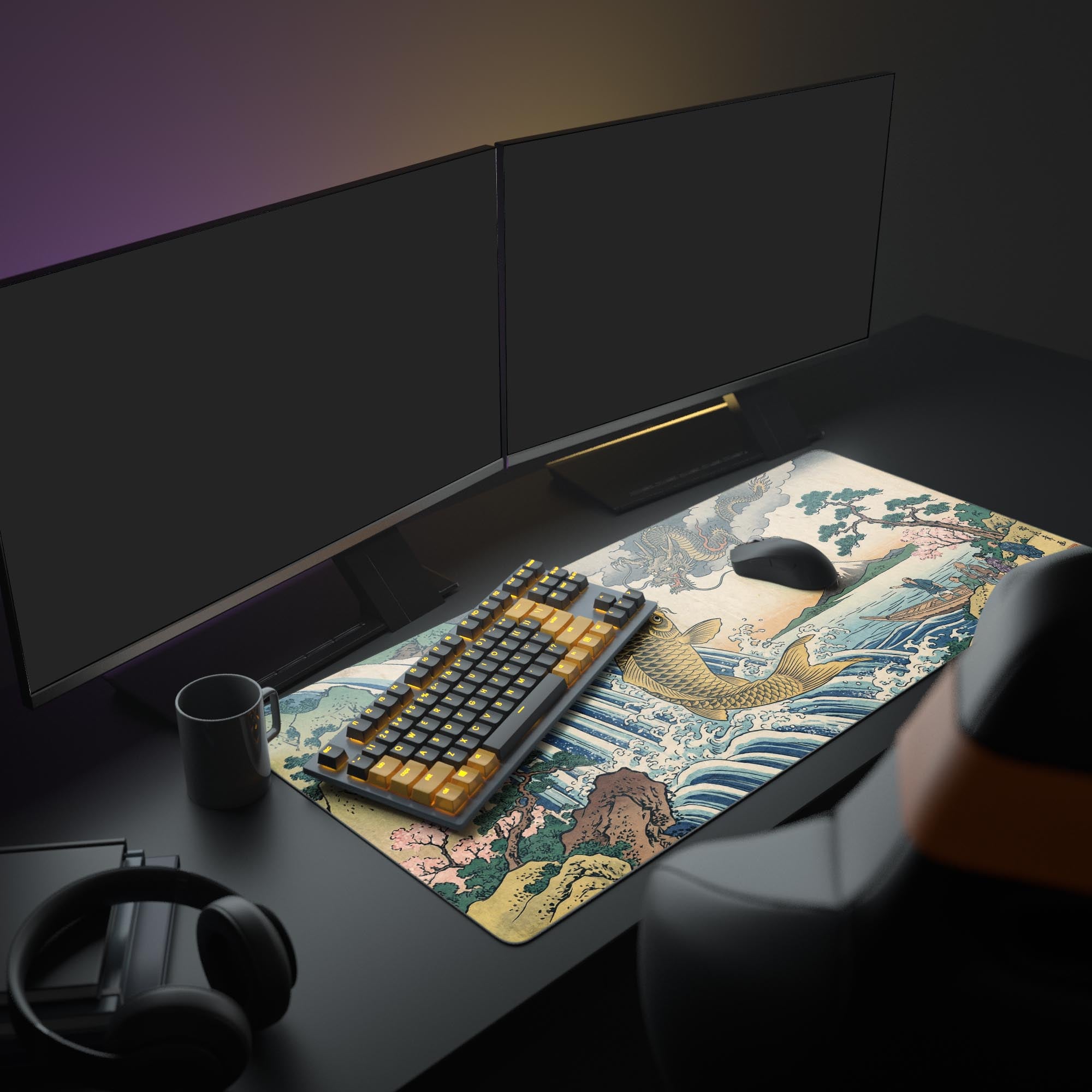 An inspiring PC setup featuring the Leap of Legend Ukiyo-e mouse pad. The Japanese art design with a koi and dragon complements the gaming keyboard and monitor. - Epic Design Pads & Mousepads