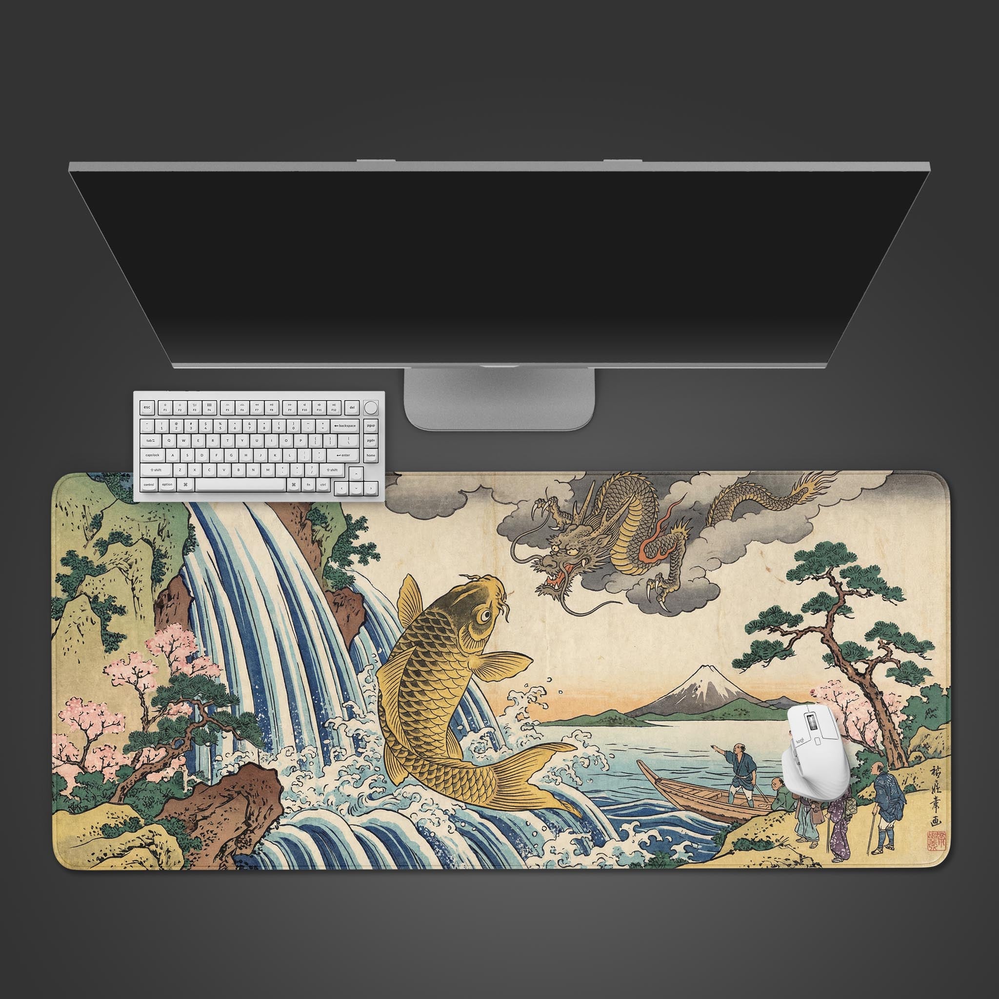 Top-down view of the Leap of Legend gaming desk mat, featuring a Japanese Ukiyo-e koi and dragon design, displayed under a monitor and a white keyboard. - Epic Design Pads & Mousepads