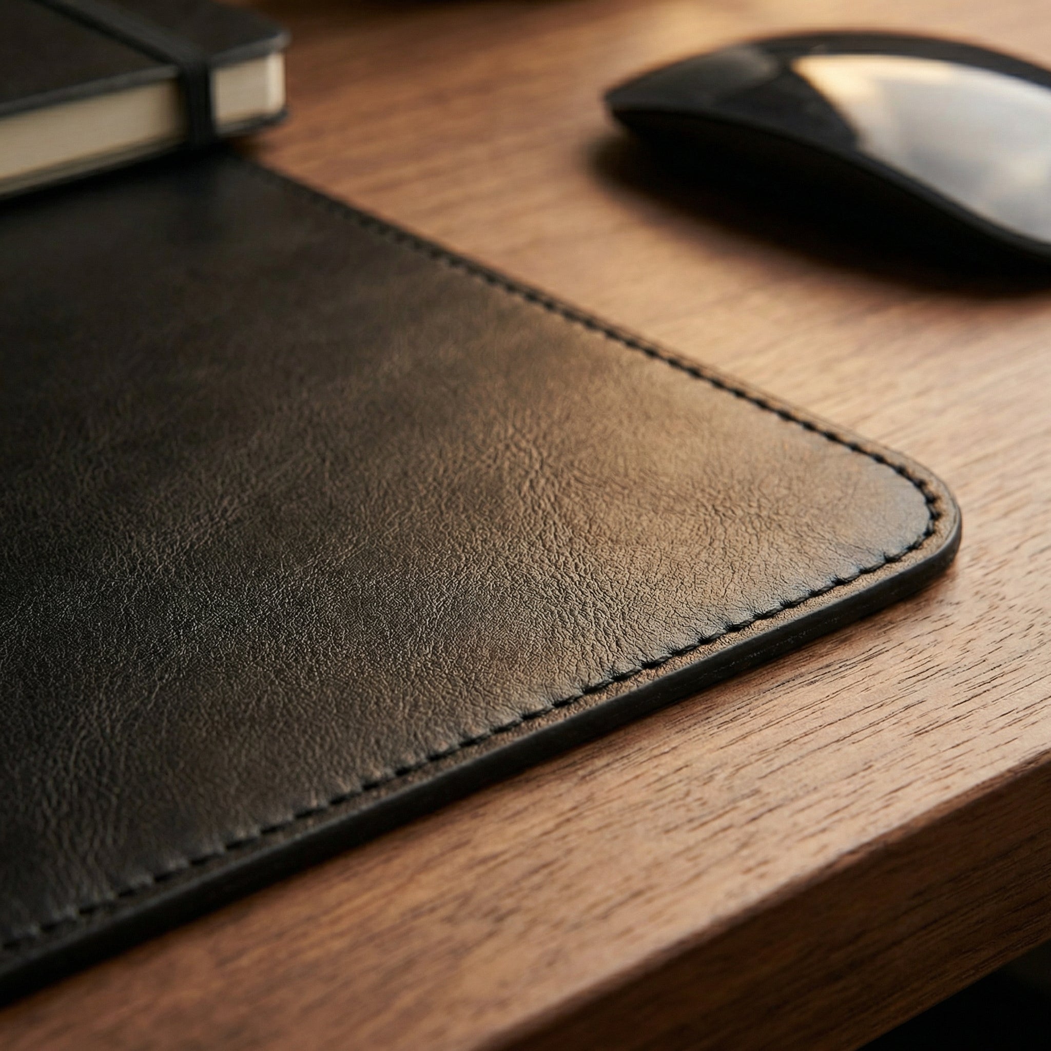 Close-up of leather desk mat illustrating its texture and protective thickness.