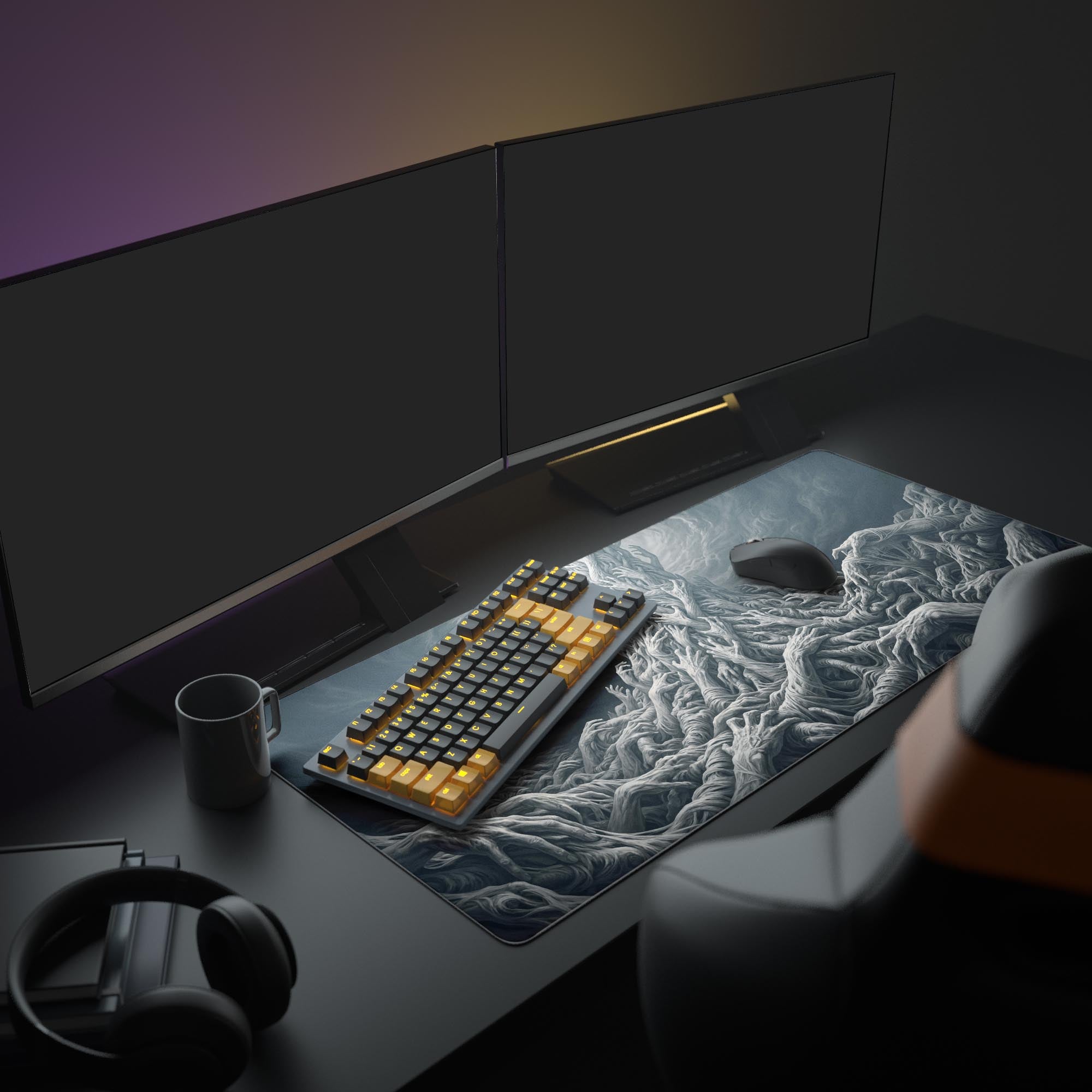 A complete PC gaming setup featuring the Legion of Hands mouse pad. The dark, surreal artwork complements the glowing keyboard and multiple monitors, creating a gothic aesthetic. - Epic Design Pads & Mousepads