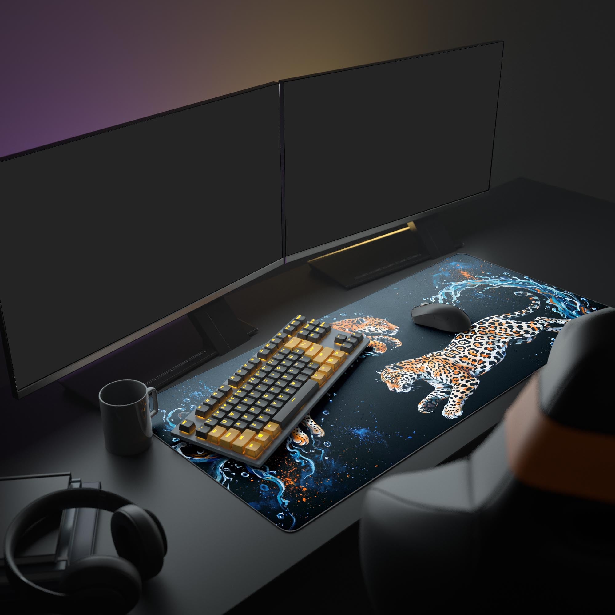 Close-up of vibrant orange and black leopard spots contrasted against swirling blue water art