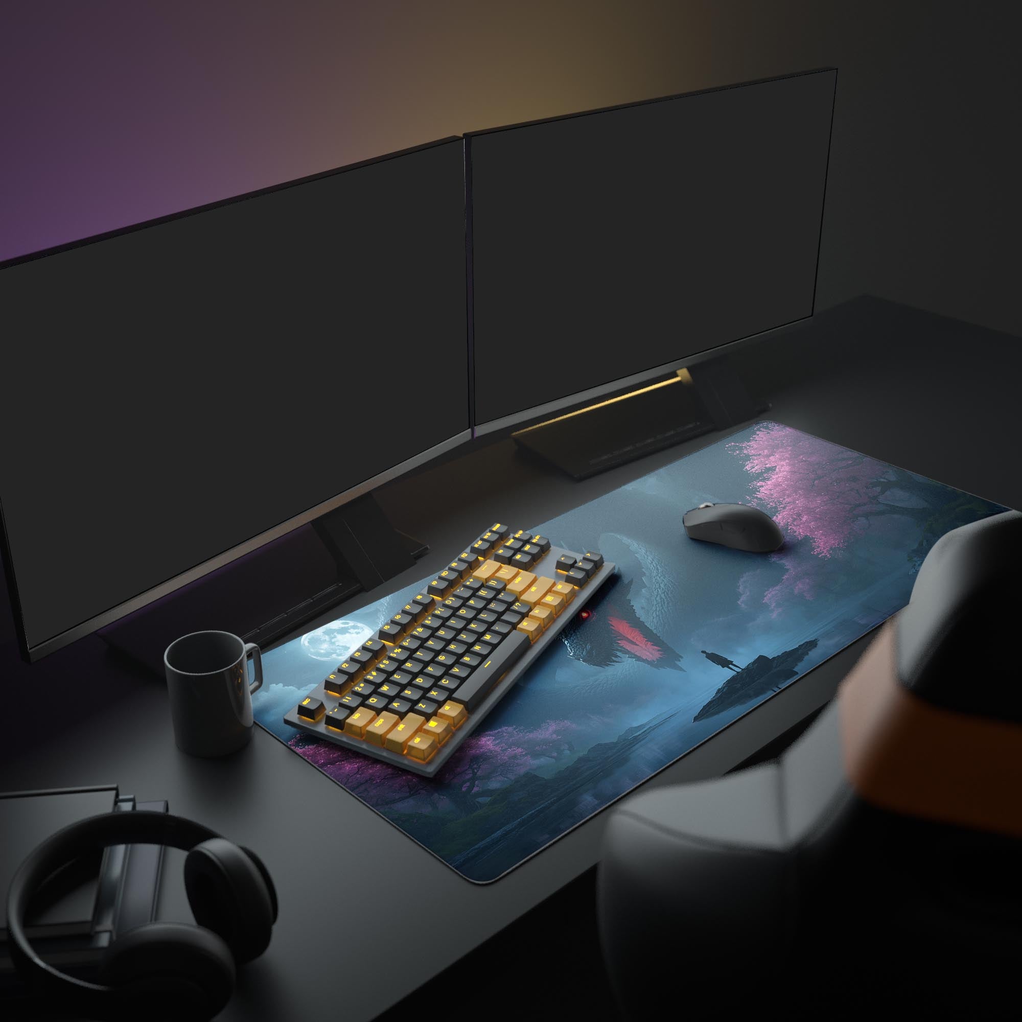 Large dragon desk mat featuring the Leviathan's Gaze art, shown in a complete gaming setup with dual monitors, a mechanical keyboard, and headphones. - Epic Design Pads & Mousepads