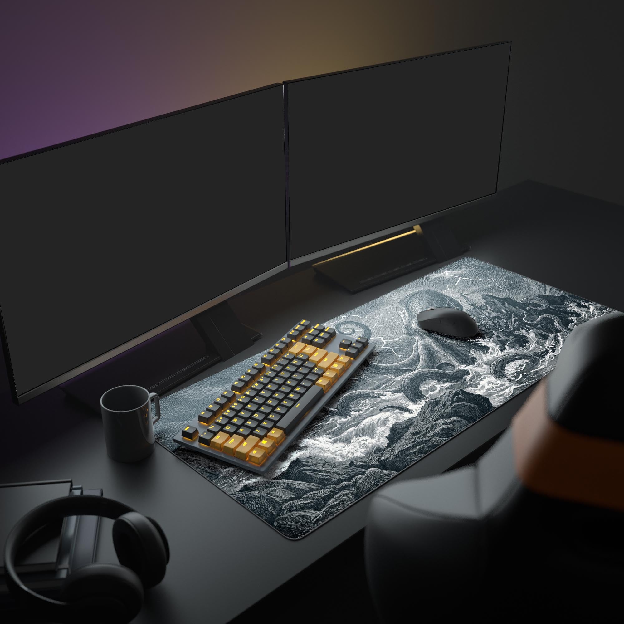 A PC gaming setup showcasing the large Kraken Attack mouse pad, with a keyboard and multiple monitors, creating a dark fantasy theme. - Epic Design Pads & Mousepads