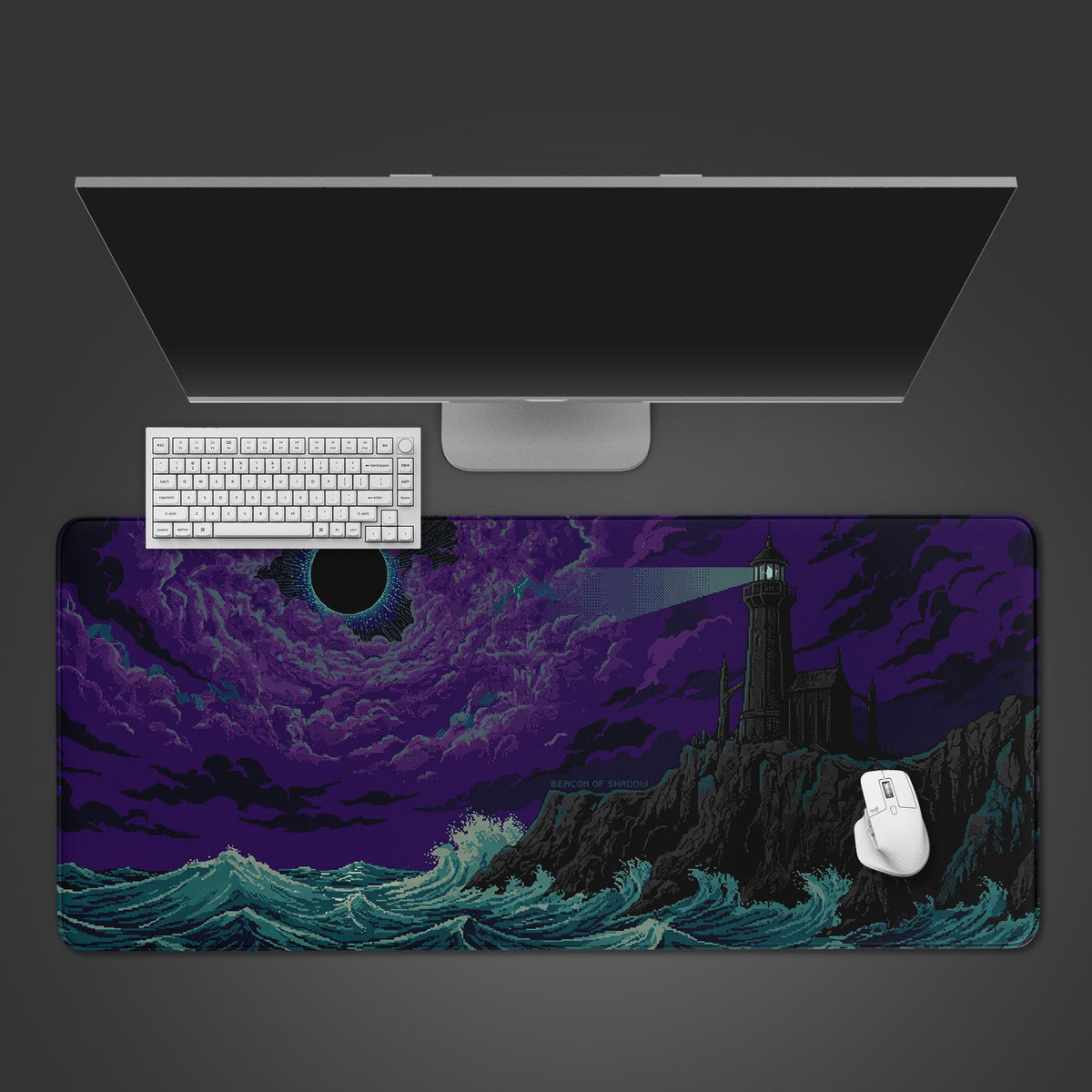 A dark pixel art desk mat featuring a lighthouse on a rocky cliff under a stormy purple sky with a black eclipse.