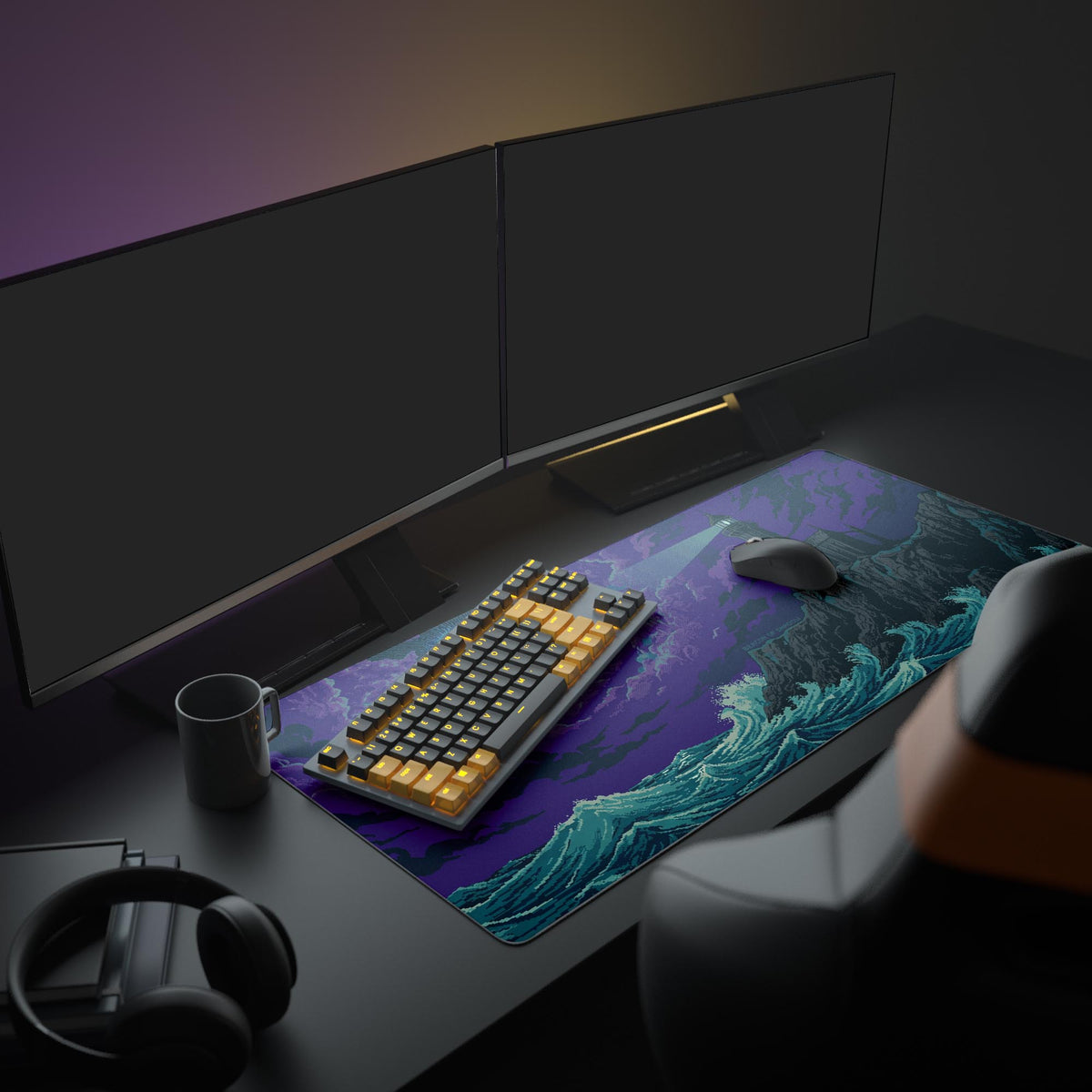 Close-up of the pixelated teal ocean waves and dark cliffside on the gothic lighthouse mouse pad.