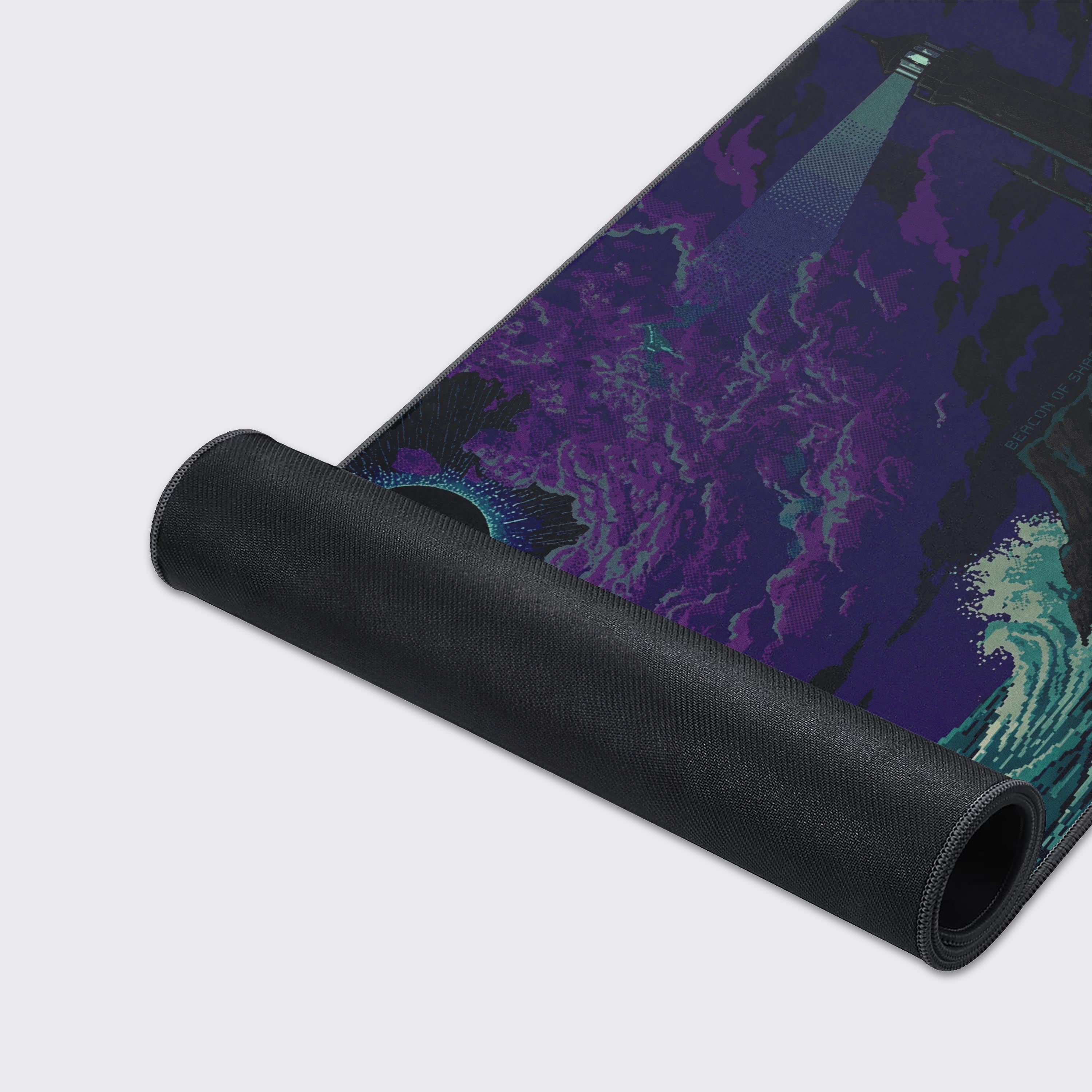 Top-down view of the retro gaming desk mat showing a cosmic black hole and swirling purple clouds.