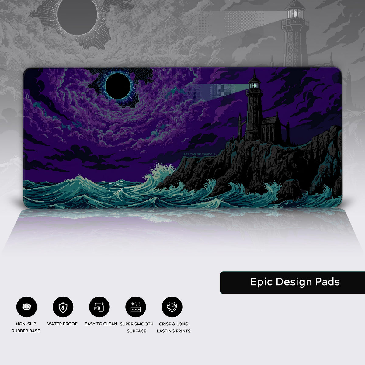 Full view of the dark fantasy pixel art desk mat with a lone lighthouse guiding through a tempestuous sea.