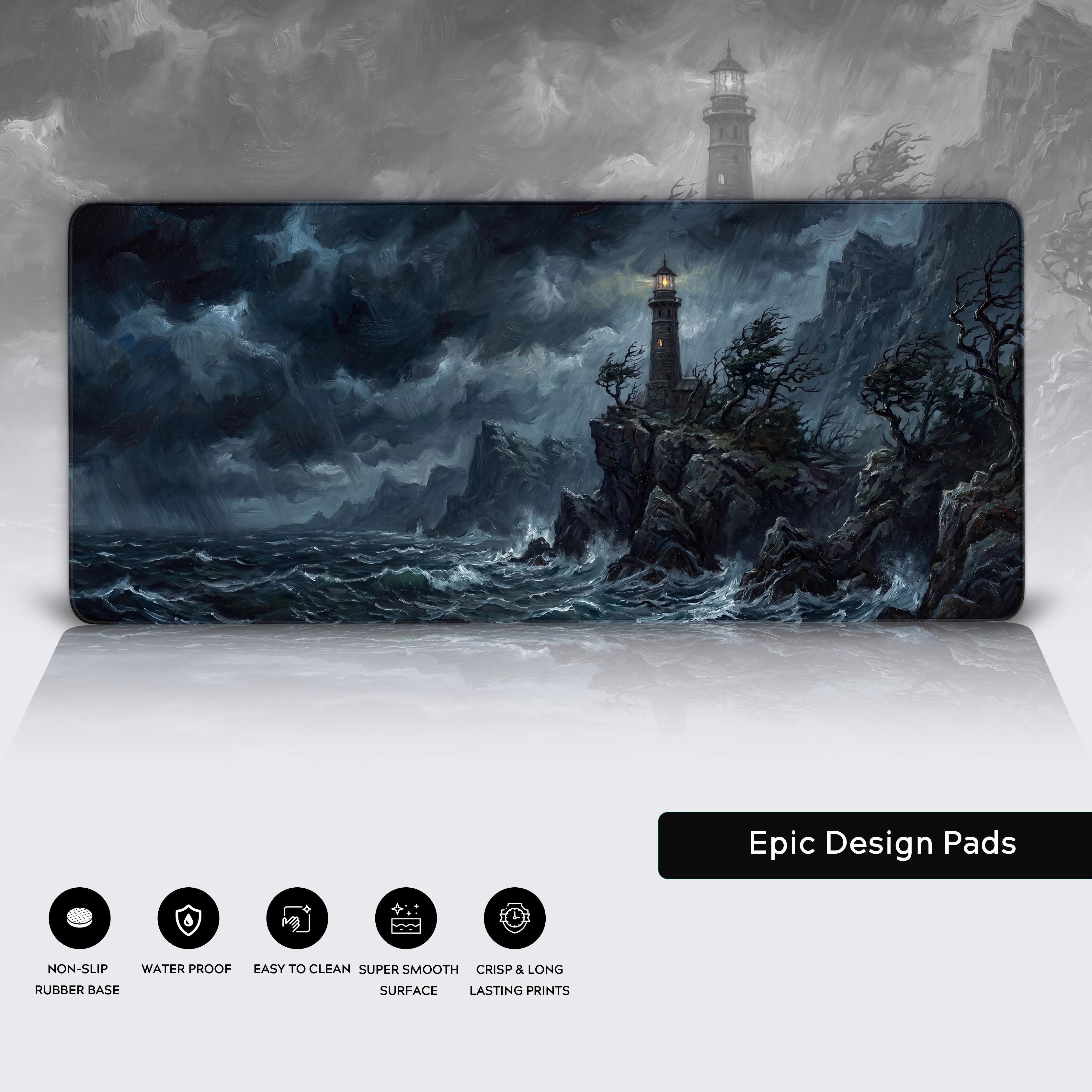 Epic Design Pads desk mat with dark stormy sky and illuminated lighthouse beacon