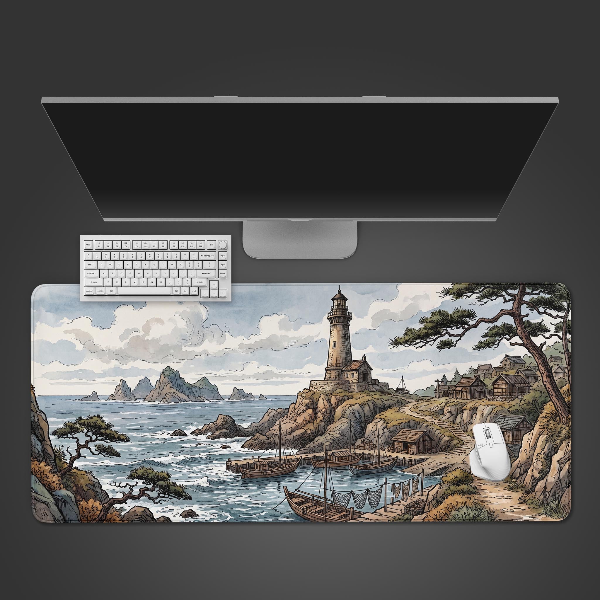 Coastal Lighthouse desk mat featuring a serene fishing village and ocean waves