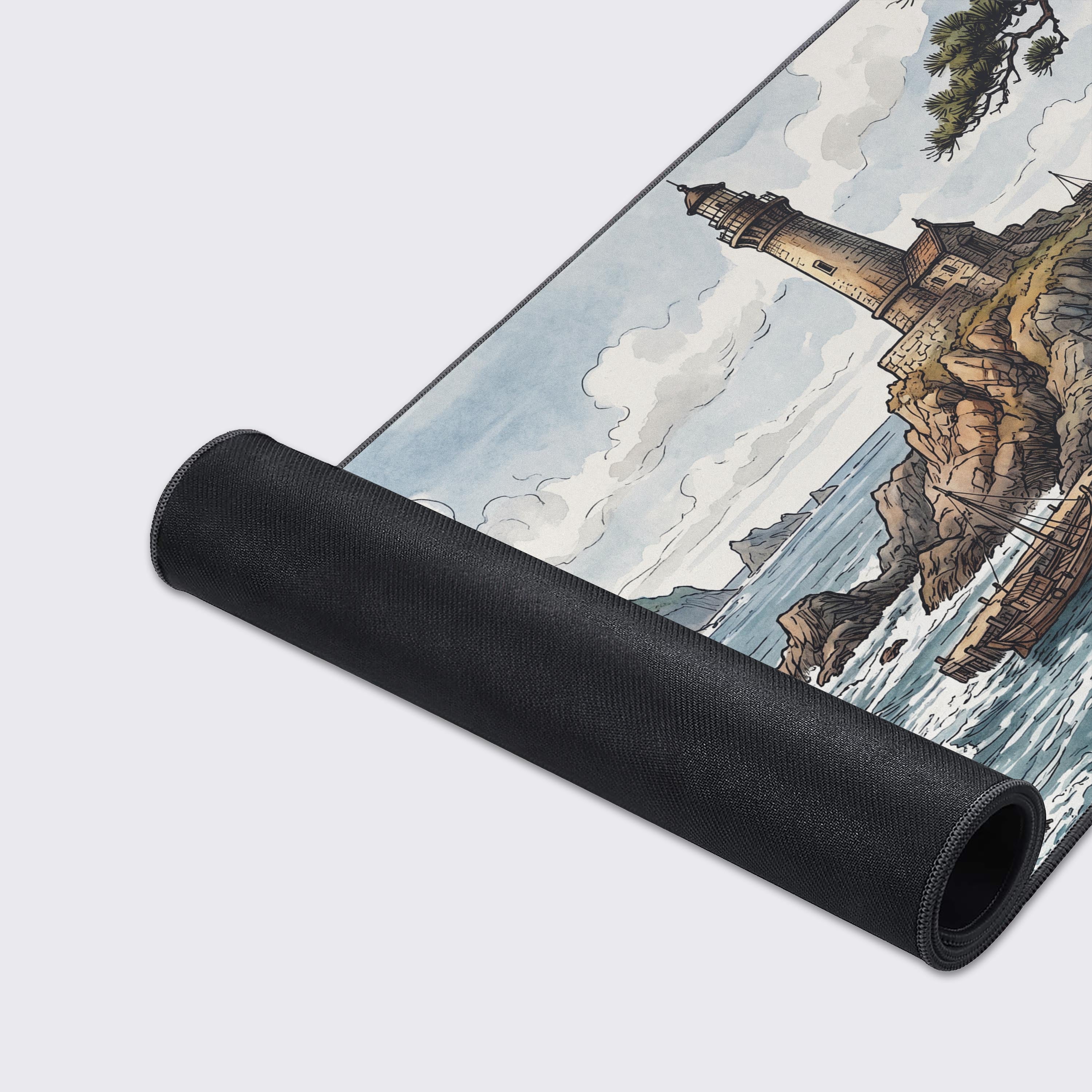 Extended gaming mouse pad with coastal village landscape showing waterproof surface