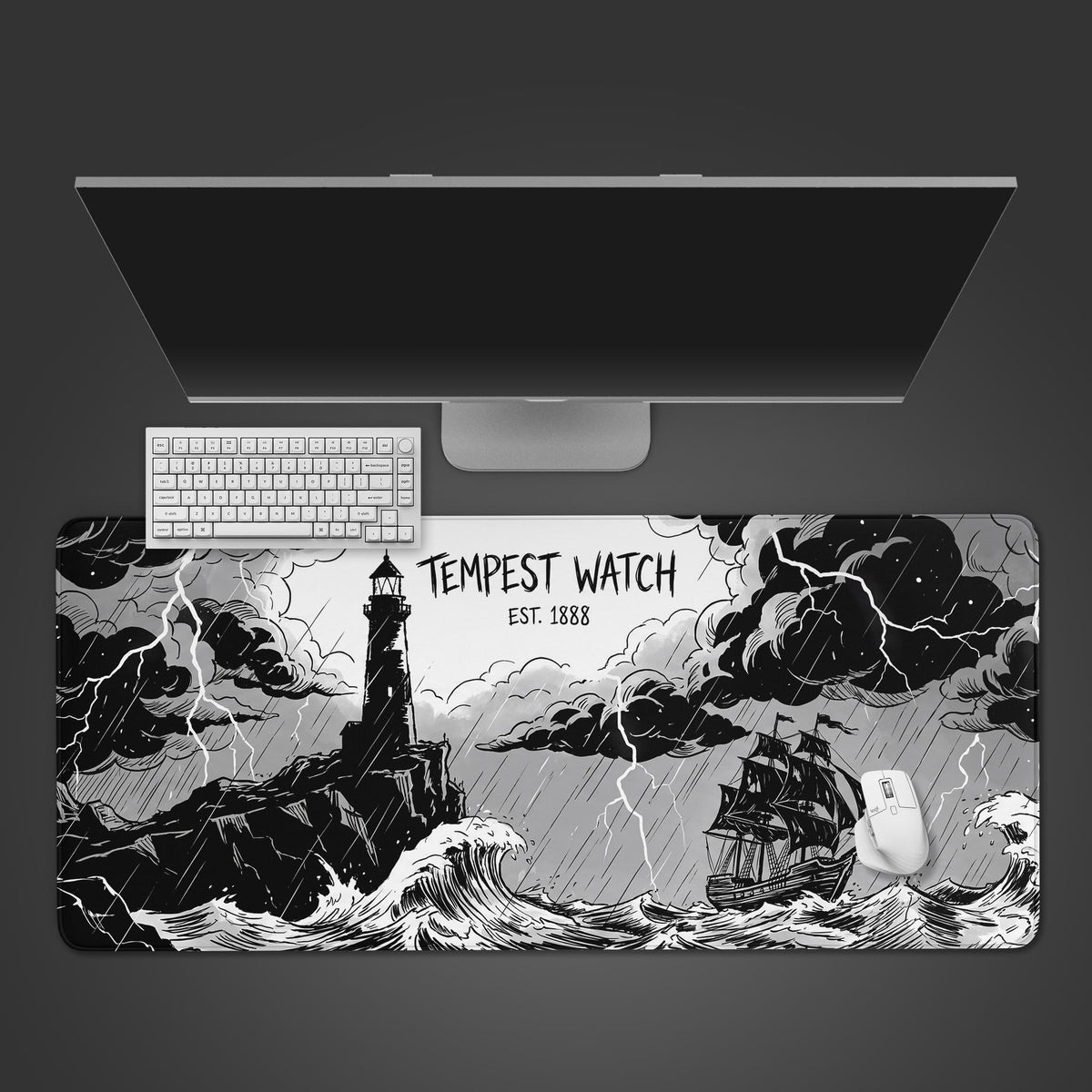 Tempest Watch desk mat featuring a black and white illustration of a lighthouse and ship in a storm