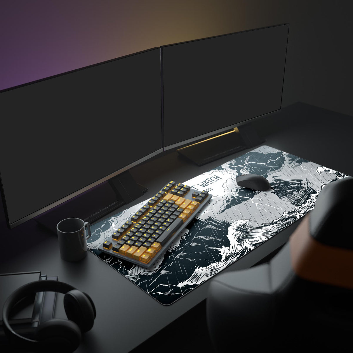 Close-up of the vintage lighthouse and jagged lightning on the Tempest Watch desk mat