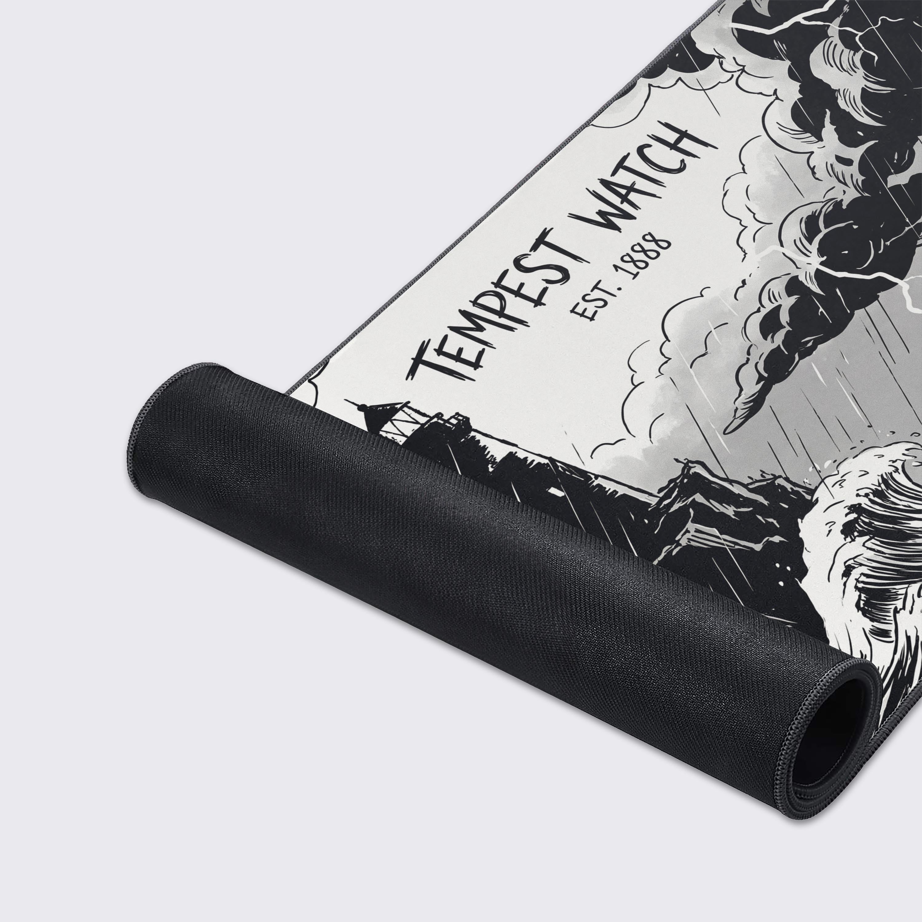Detail view of the sailing ship battling rough waves on the black and white desk mat