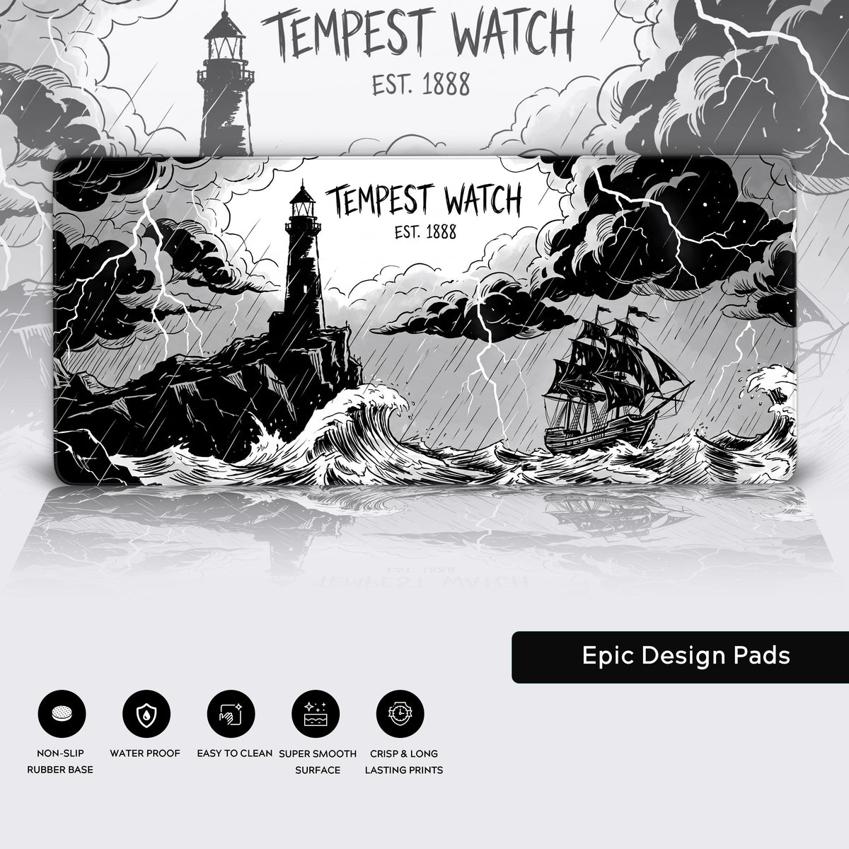 Full view of the Tempest Watch desk mat showing the dramatic maritime storm design