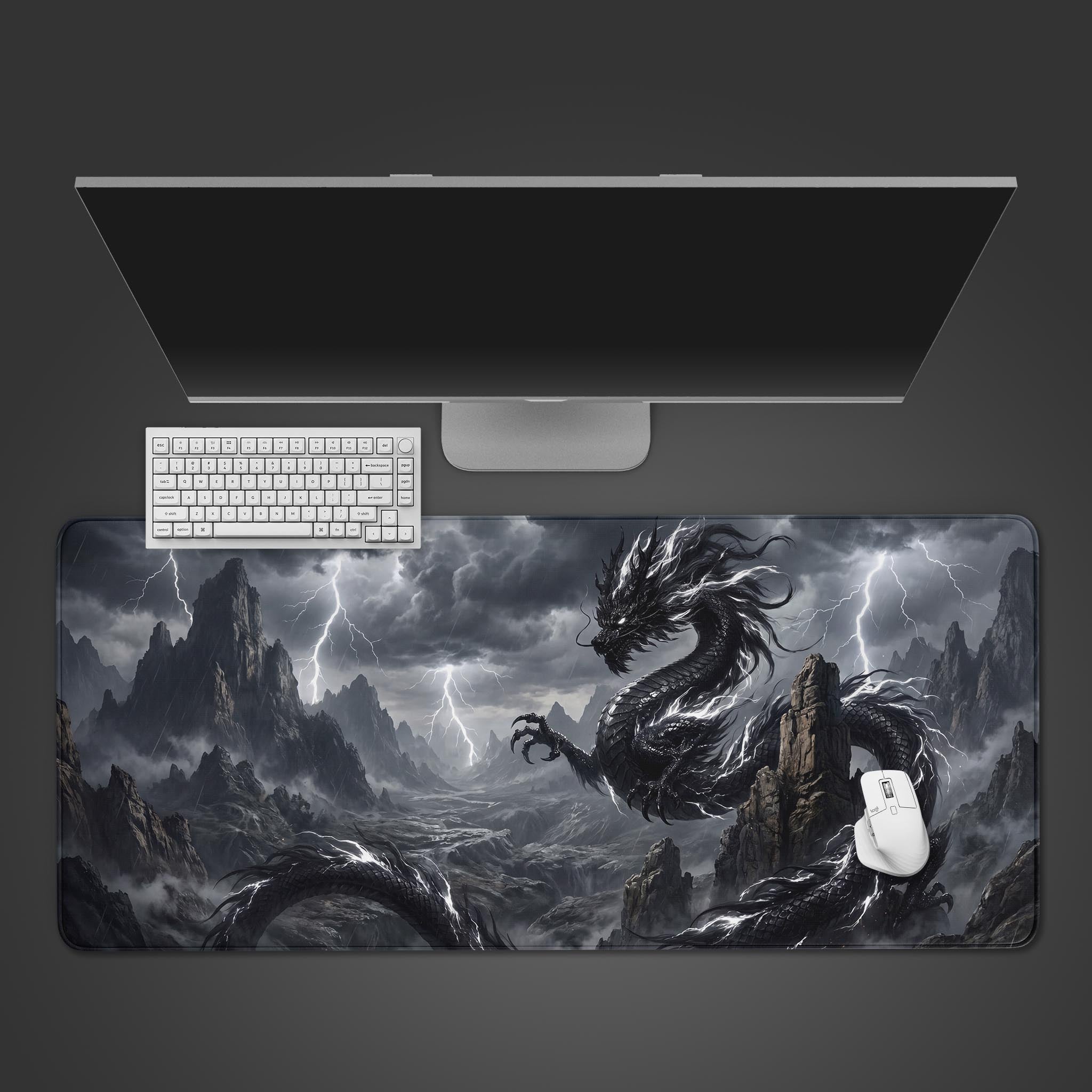 A large desk mat featuring a dark fantasy black dragon soaring through stormy mountain peaks with white lightning.