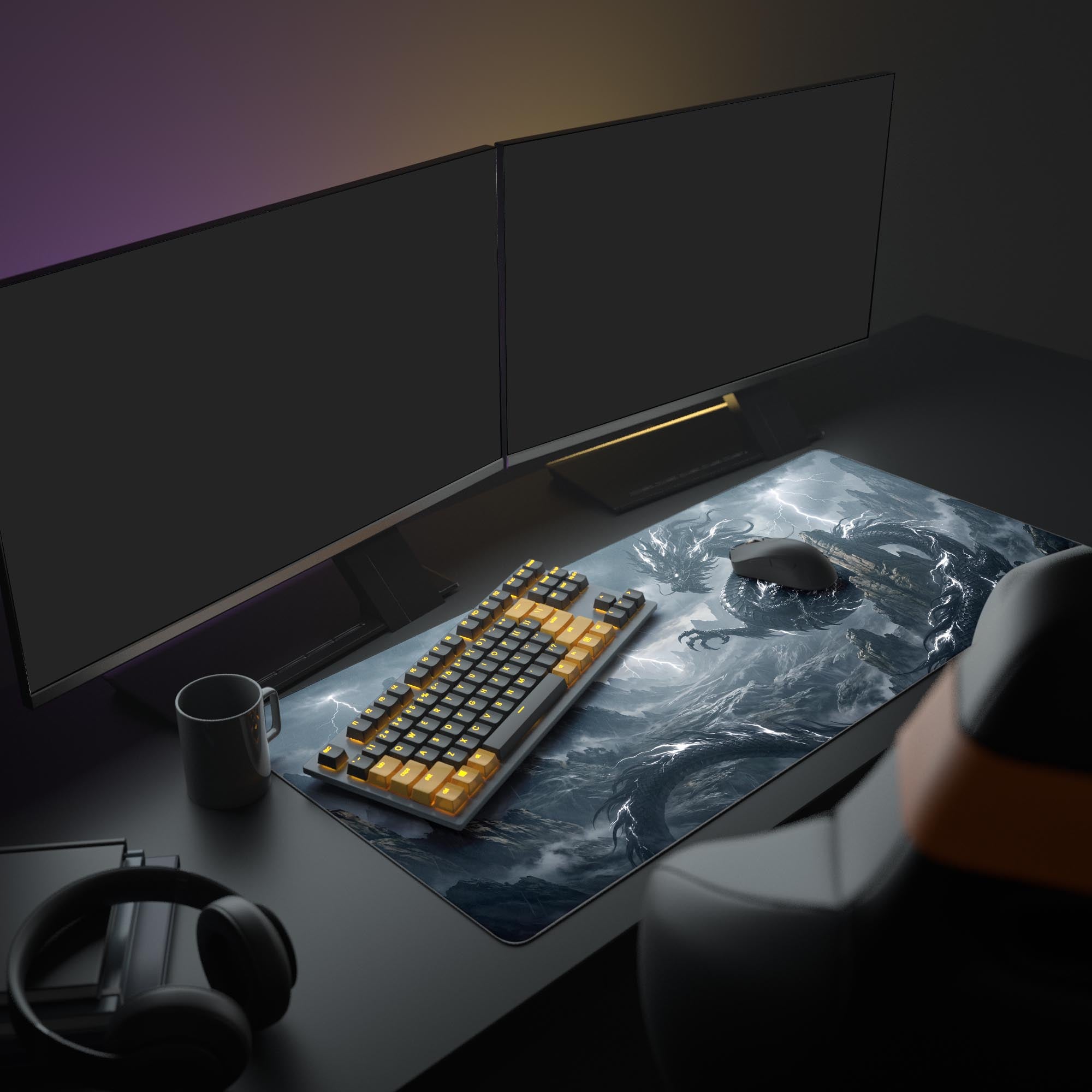 Close-up of the Thunderstrike Dragon mouse pad showing crisp monochrome artwork and jagged landscape details.
