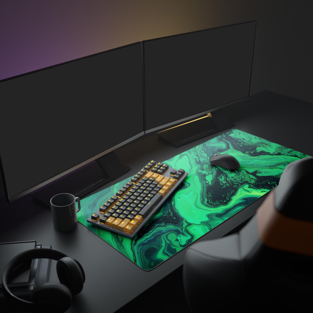 Large Liquid Green gaming desk mat in a modern setup with dual monitors, mechanical keyboard, and headphones, creating an aesthetic workspace. - Epic Design Pads
