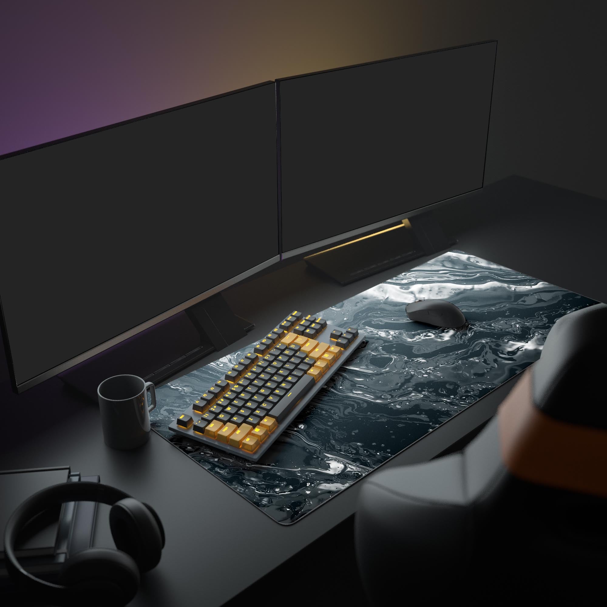 Large Liquid Metal gaming desk mat shown in a modern desk setup with dual monitors, headphones, and a mechanical keyboard. - Epic Design Pads & Mousepads