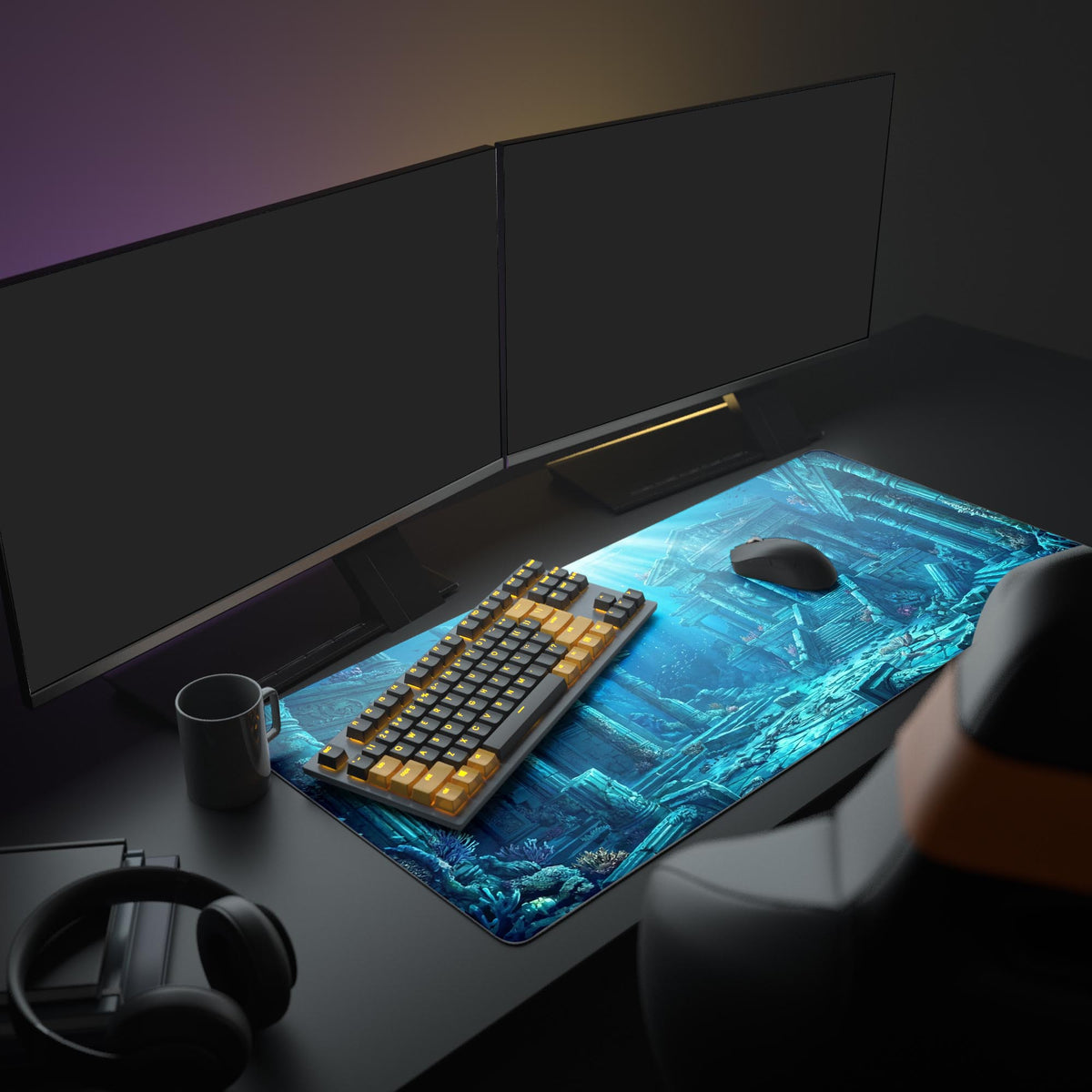 A full gaming setup showcasing the Lost Atlantis mouse pad. The deep-sea design complements the illuminated keyboard and dual monitors, creating a cohesive and immersive workspace. - Epic Design Pads & Mousepads
